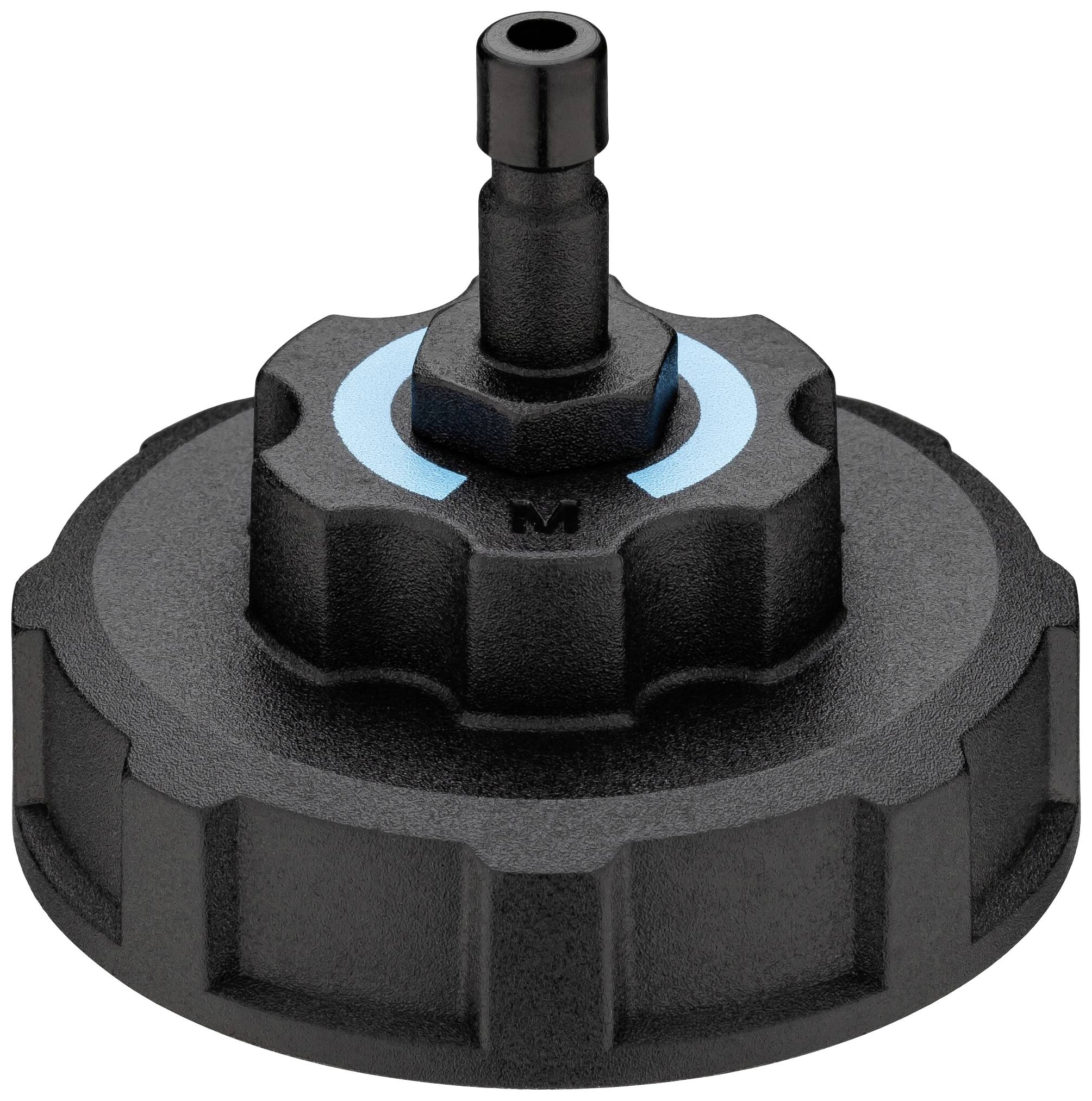 A black plastic screw cap with a short, upward-facing nozzle in the centre.