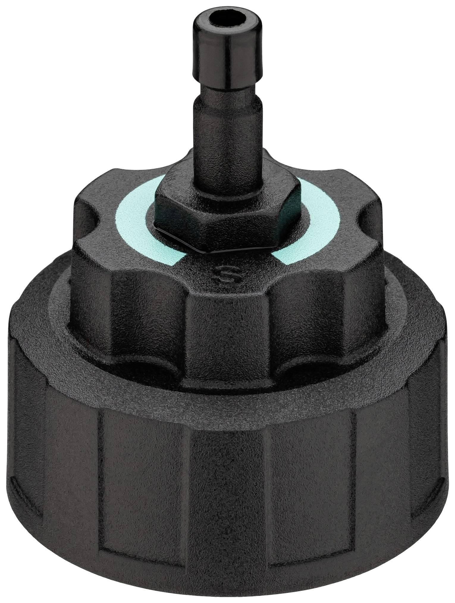 Black plastic adapter with a central connection at the top and blue sealing ring. Primarily used for hose connections.