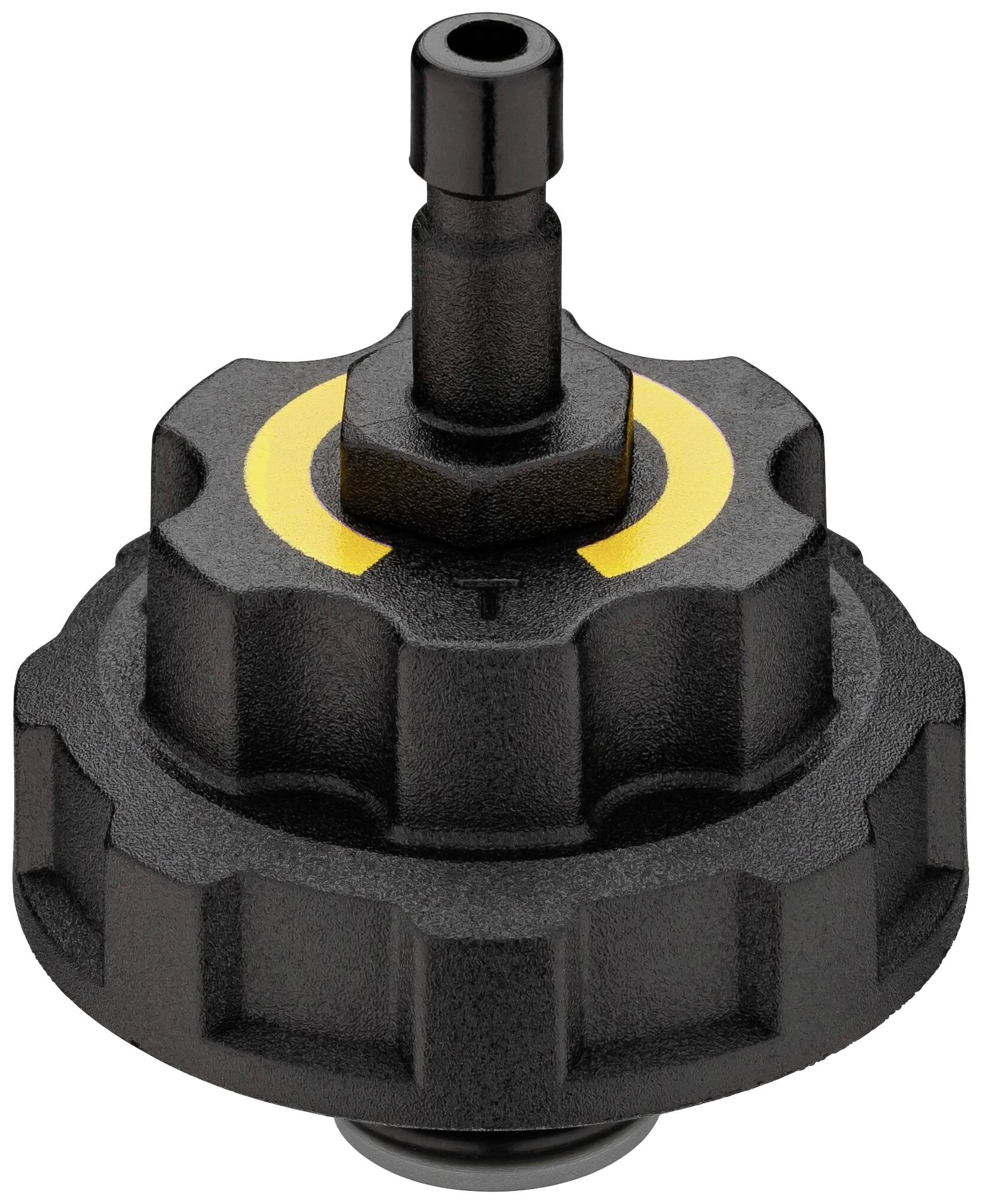 A black plastic component with a yellow ring, resembling a screw cap with a short, cylindrical connection at the top.