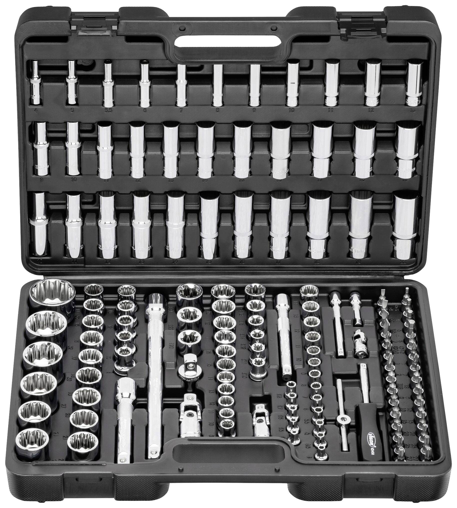 An open toolbox with numerous socket wrenches in various sizes and shapes, neatly arranged.