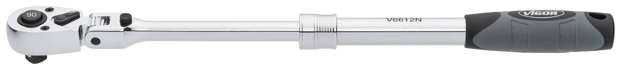 An adjustable torque wrench with an ergonomic handle and scale, suitable for precise tightening of bolts and nuts.