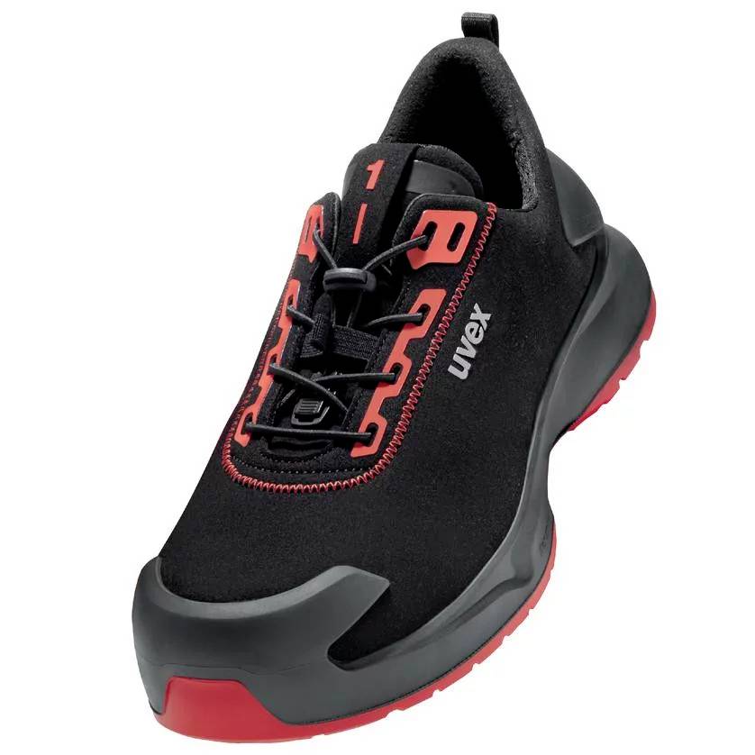 Black and red sports shoe with uvex logo on the side, robust design for outdoor activities.