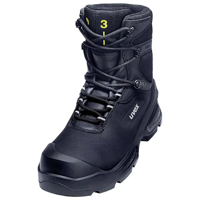 A black safety boot with lace-up fastening, steel toe cap, and side zip. '3' marking on the tongue.