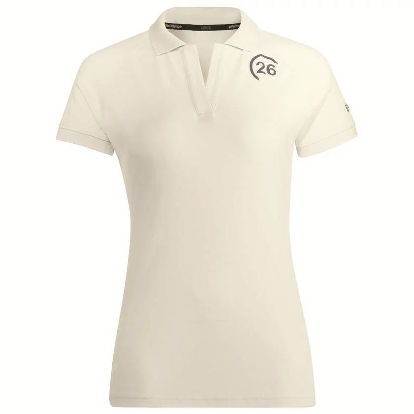 Beige polo shirt with a small stand-up collar. A black graphic or logo featuring the number '26' is displayed on the right chest.