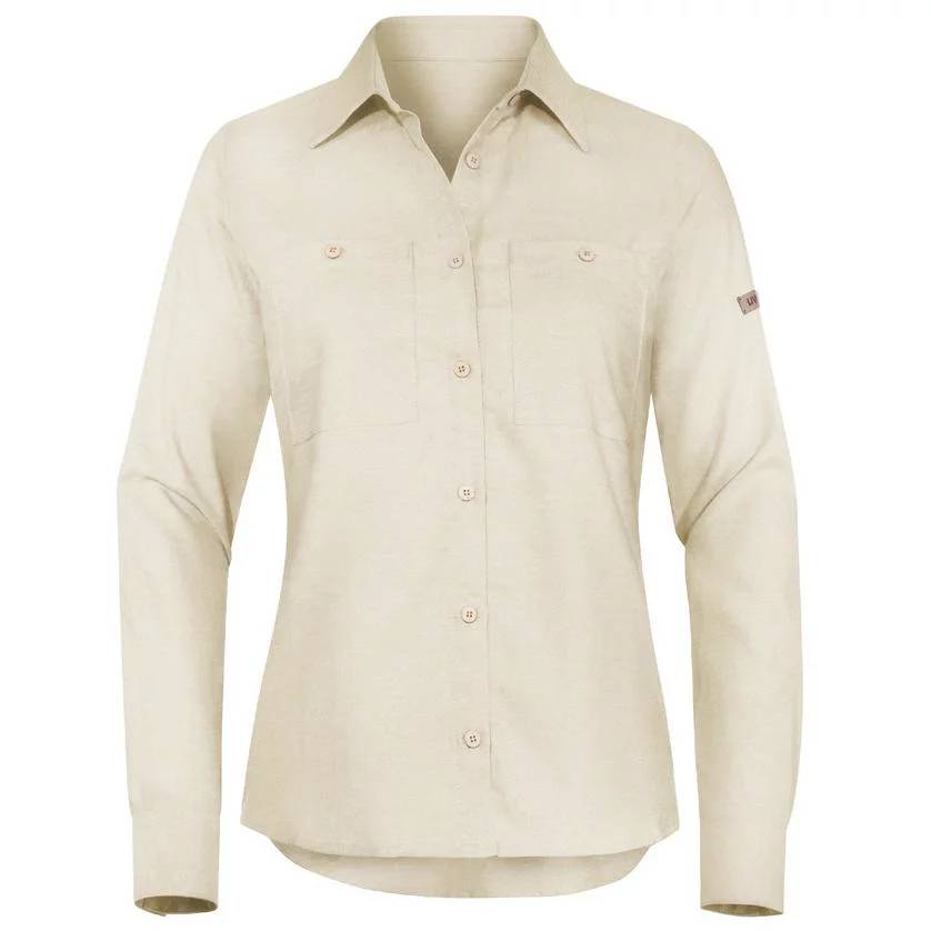 Beige ladies' shirt with long sleeves, collar, and button placket. Elegant design, suitable for formal and informal occasions.