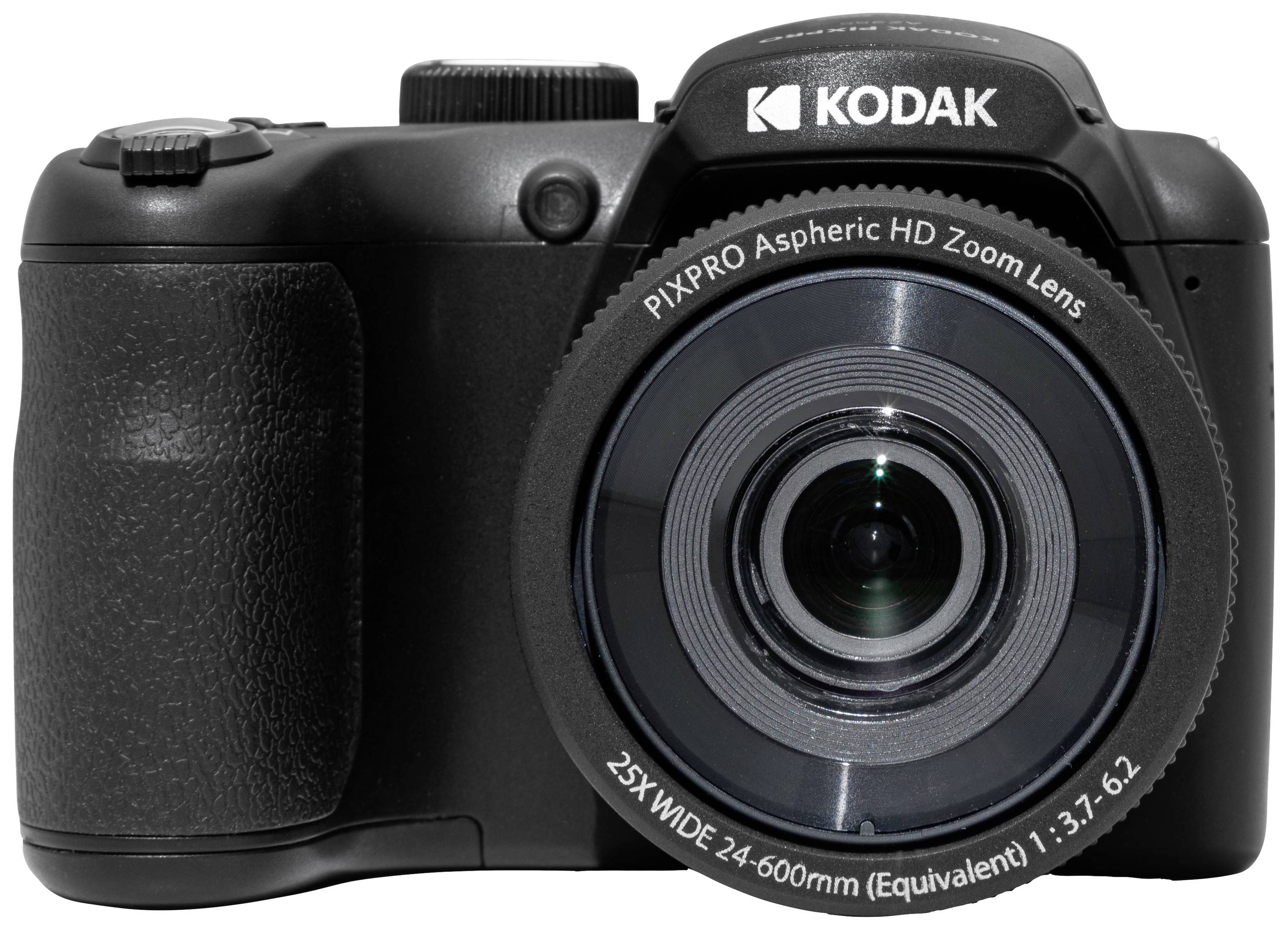 A black digital camera with the inscription 'Kodak', fitted with a PIXPRO Aspheric HD zoom lens and 25x wide-angle.