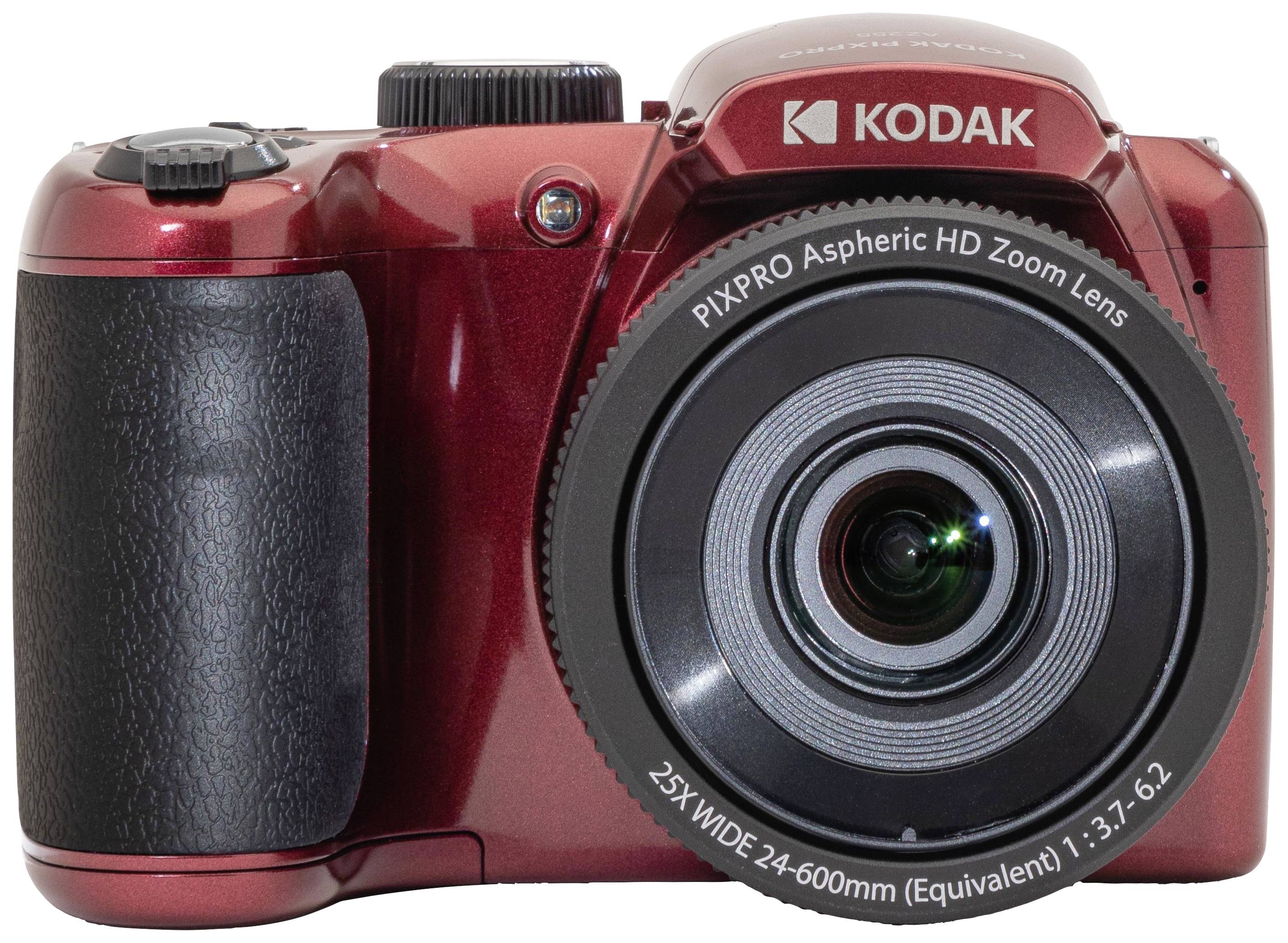 A red Kodak digital camera with a large lens, zoom ring, and shutter button on top.