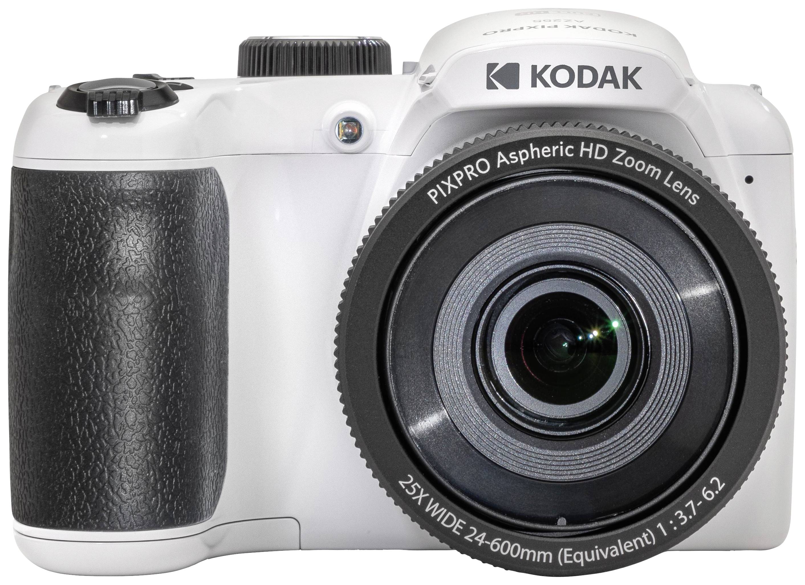 White digital camera with zoom lens, brand name 'Kodak', visible from the front. Suitable for photography with versatile zoom capabilities.
