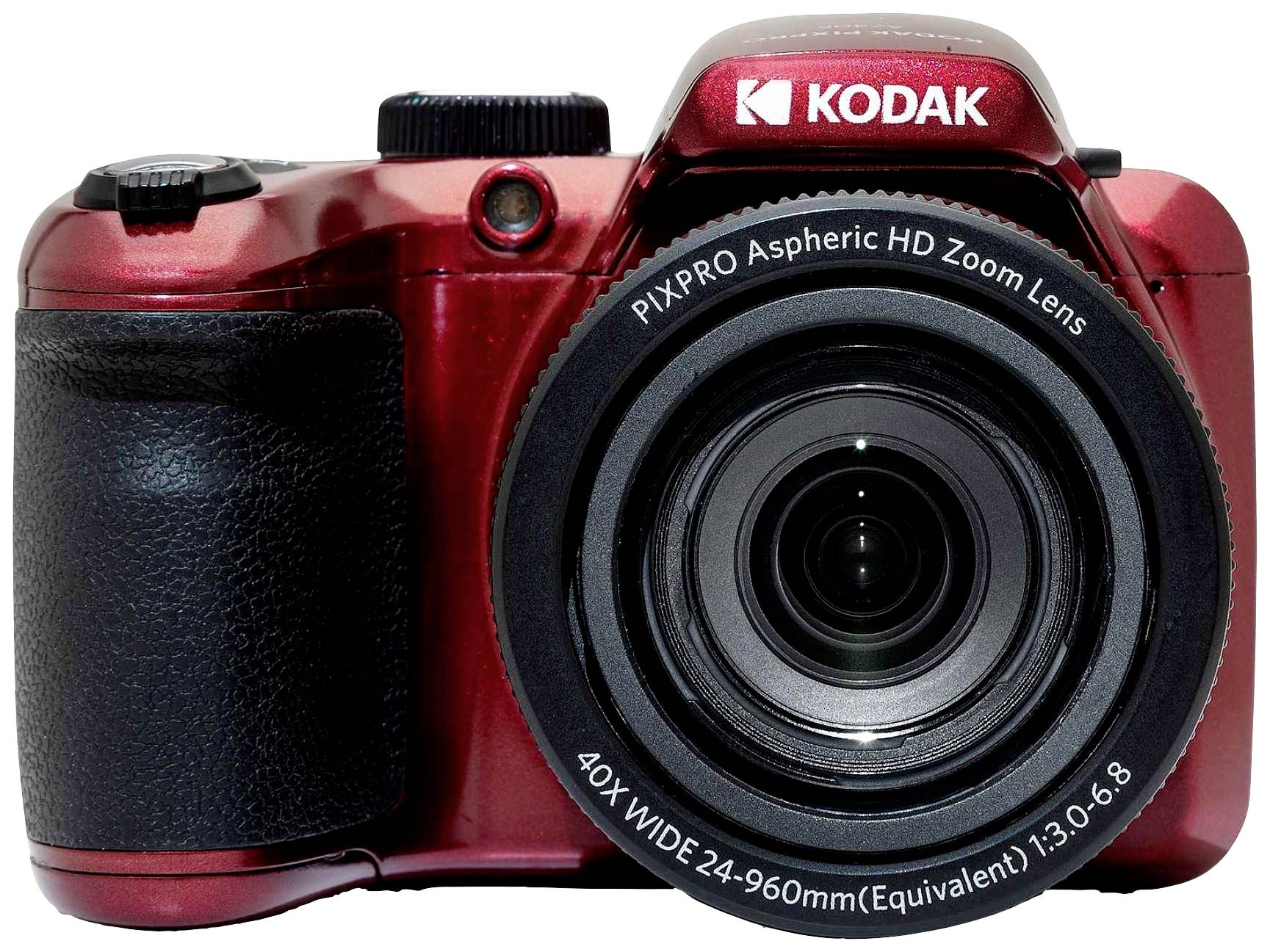 Red digital camera with a Kodak brand zoom lens. Model name visible on the top surface. Main power switch and shutter button visible.