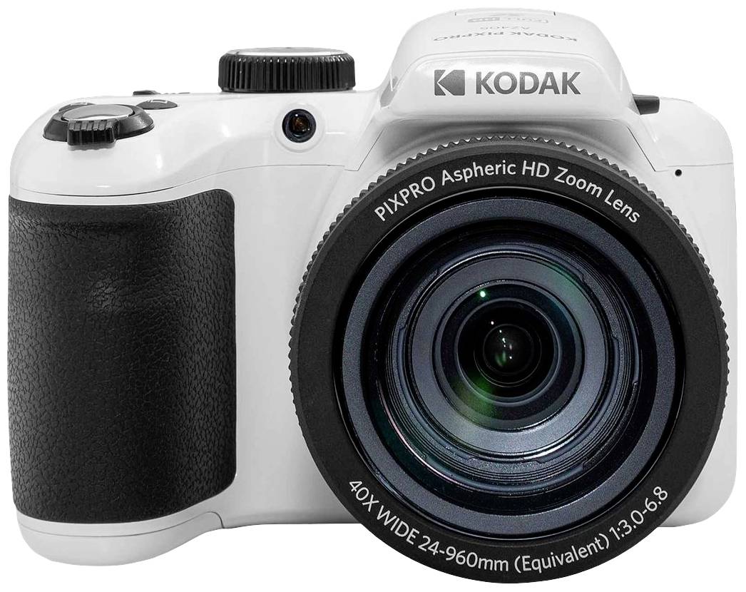 A white camera with a large lens and black grip. The brand name is displayed at the top.