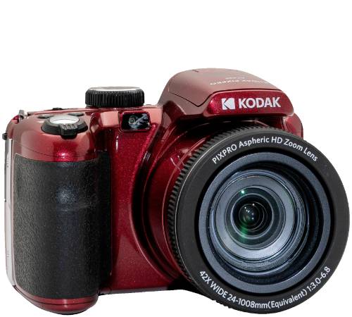 Red digital camera with zoom lens by Kodak brand, showing front view and controls.