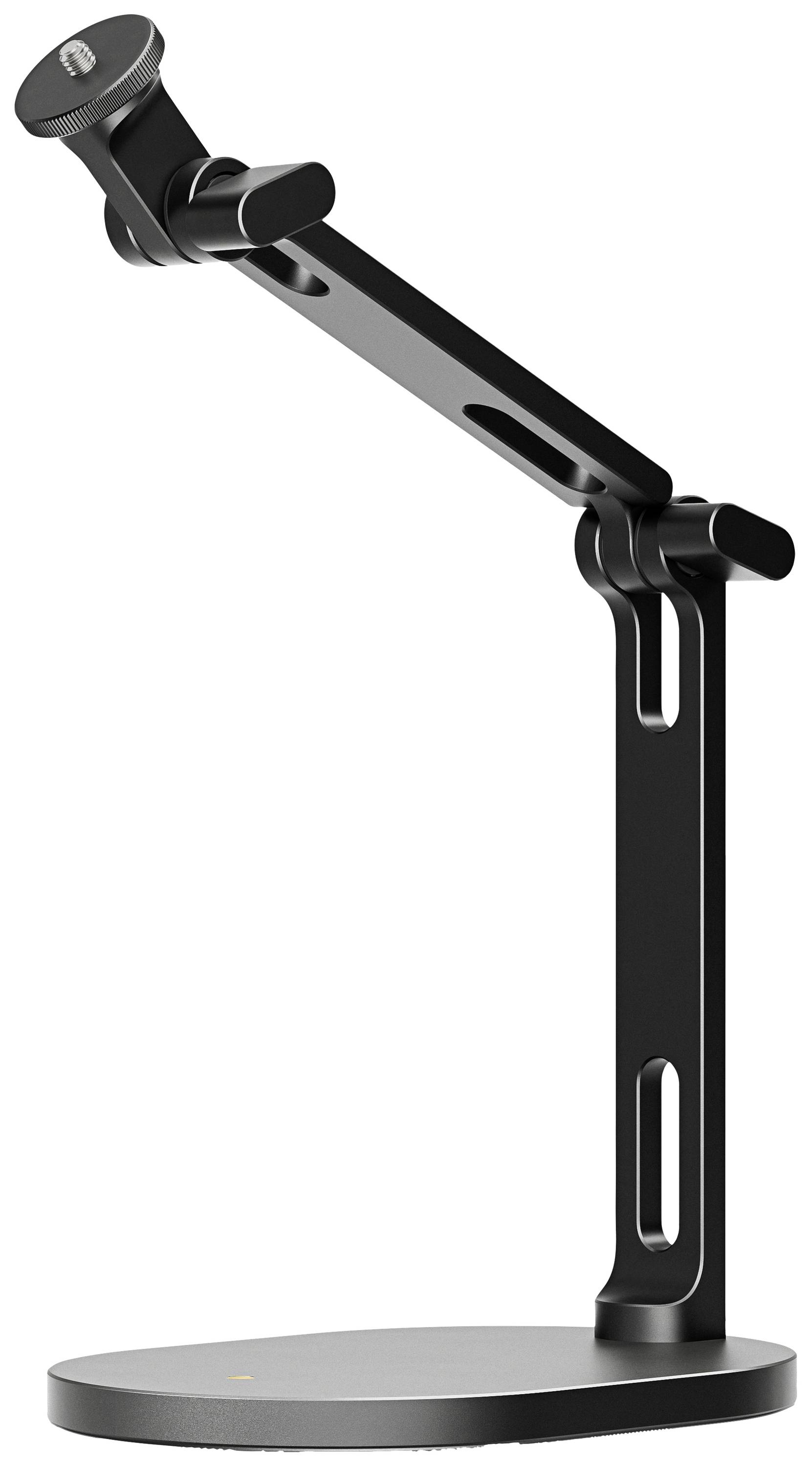 A black, adjustable stand with a round base, suitable for holding devices or cameras. Ideal for stability and flexibility.