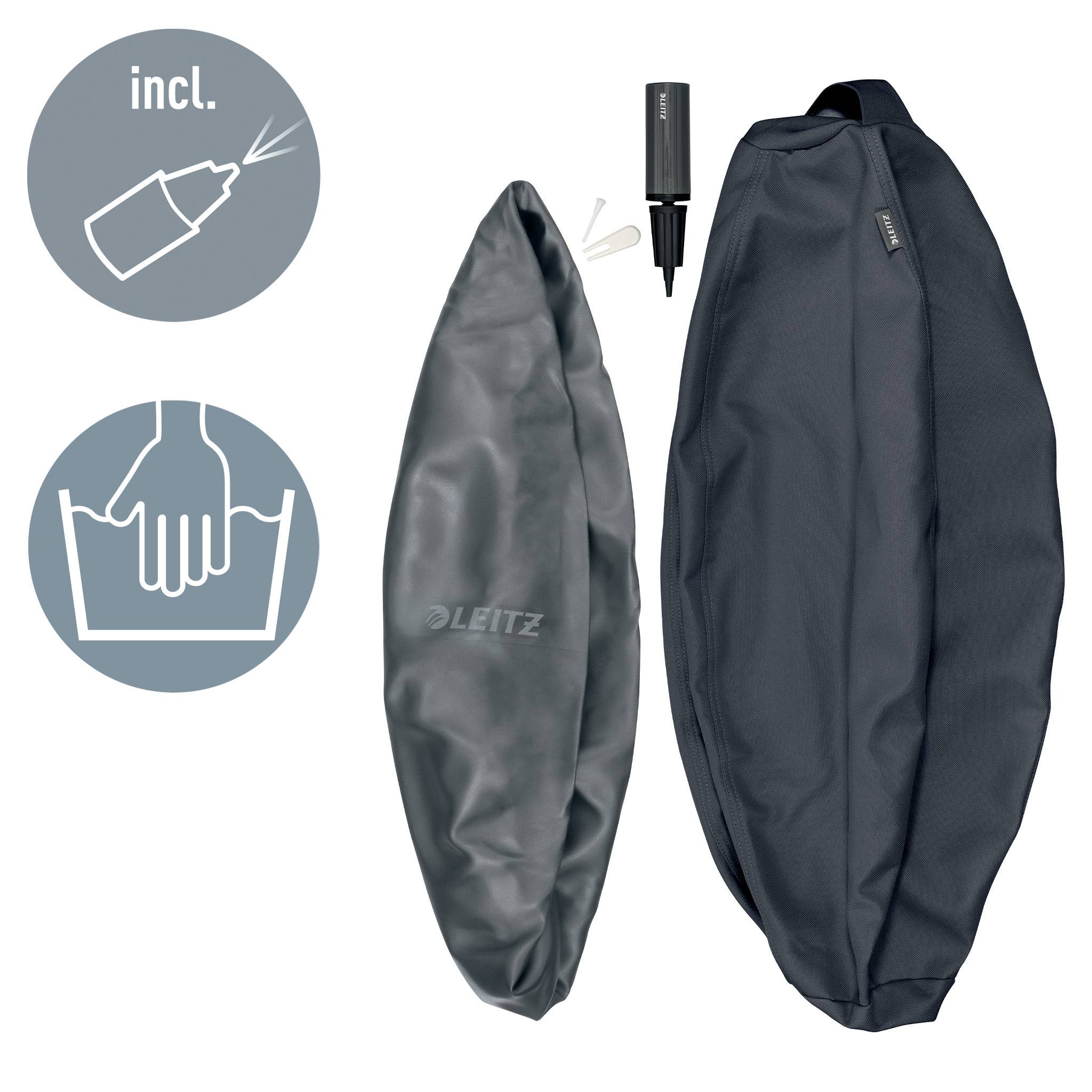 Two black bicycle covers by 'Leitz', one inflated and one flat. Included are adhesive and patches for repair.