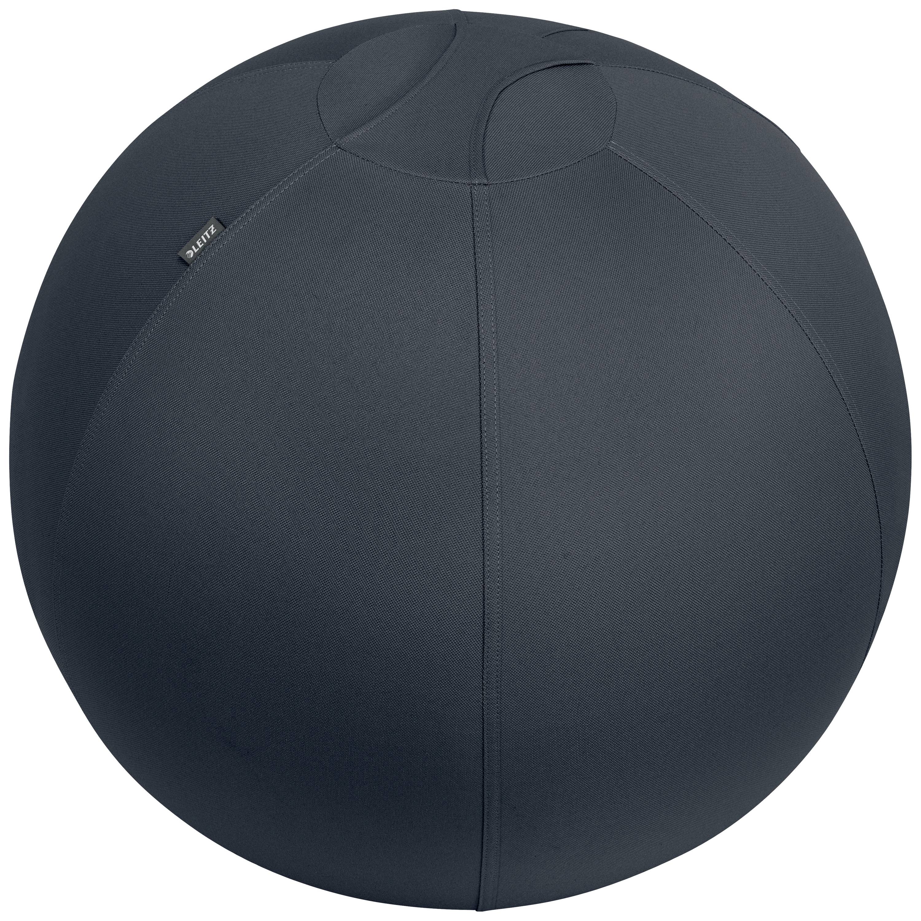 A grey fabric gymnastics ball with a smooth surface and seams, from the VLUV brand, is lying on the floor.