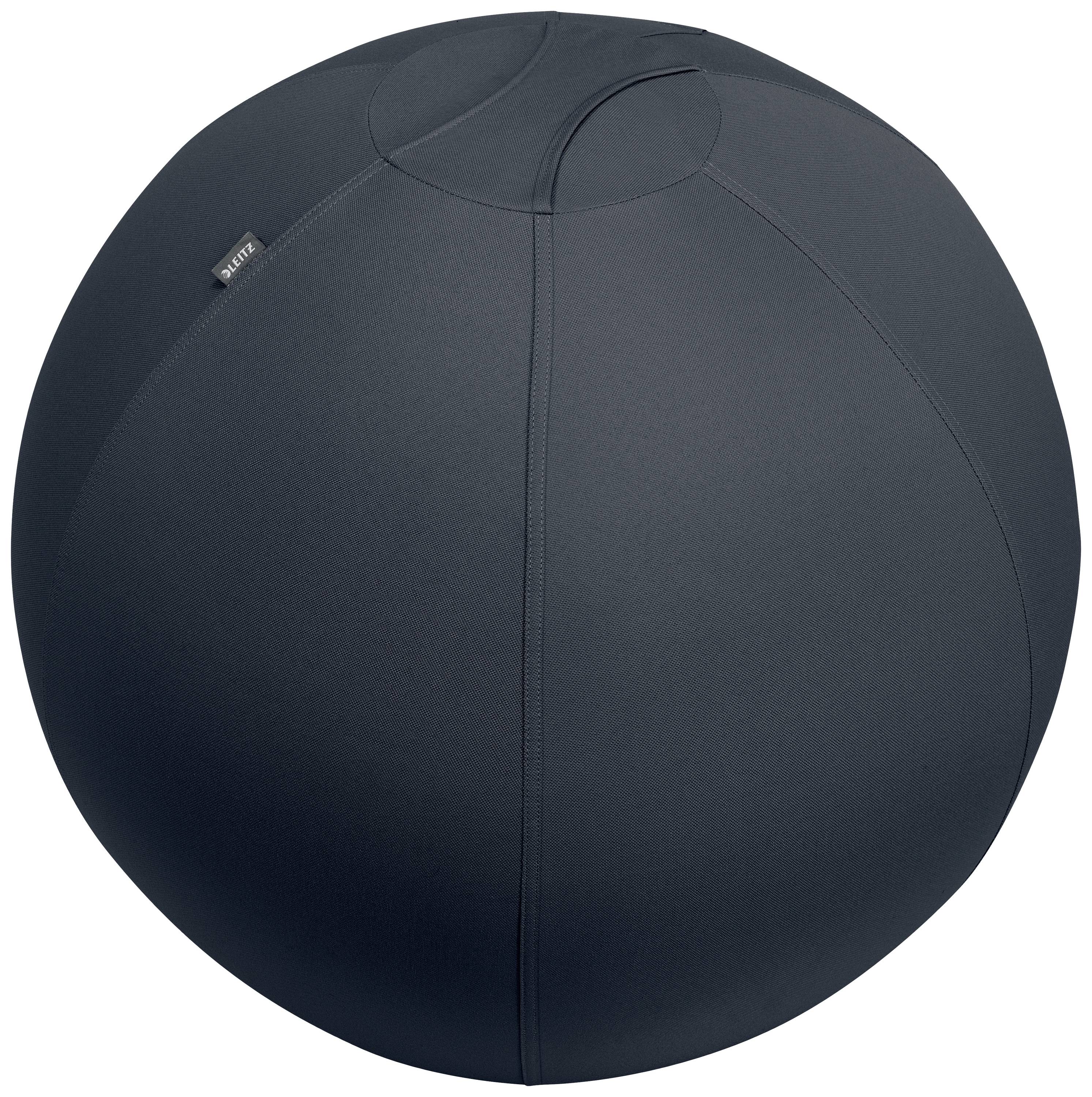 Black exercise ball with a smooth surface and subtle seam, suitable for exercises or as a seating option.