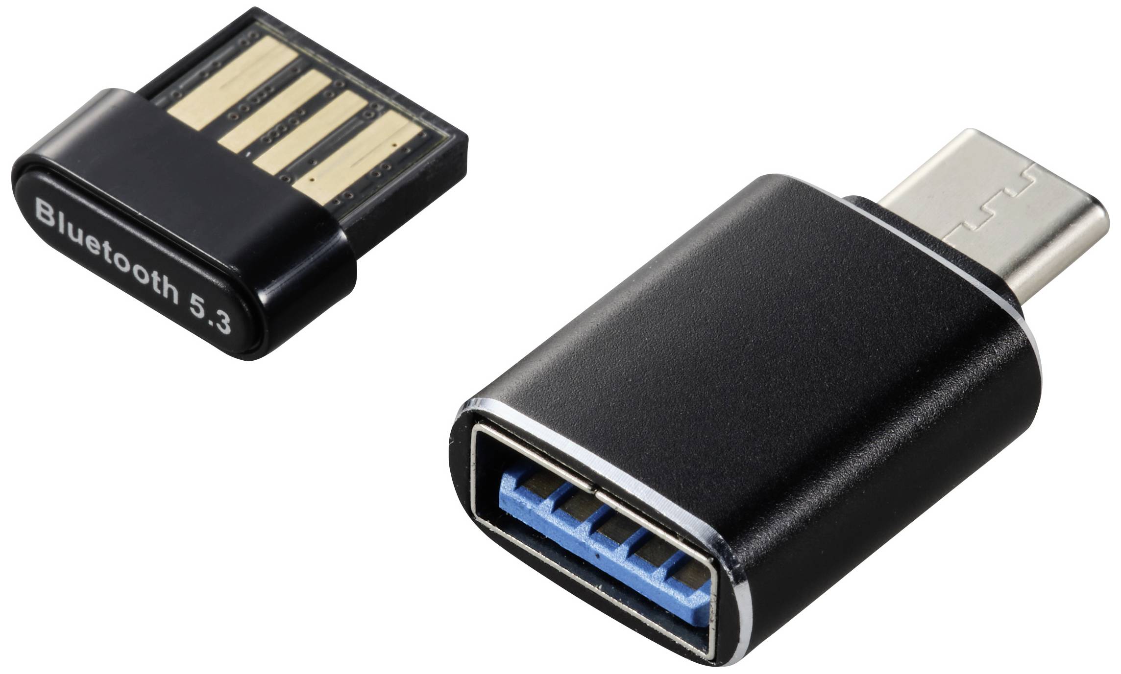 A black USB adapter on the right and a small Bluetooth adapter on the left. Both have metallic connectors.