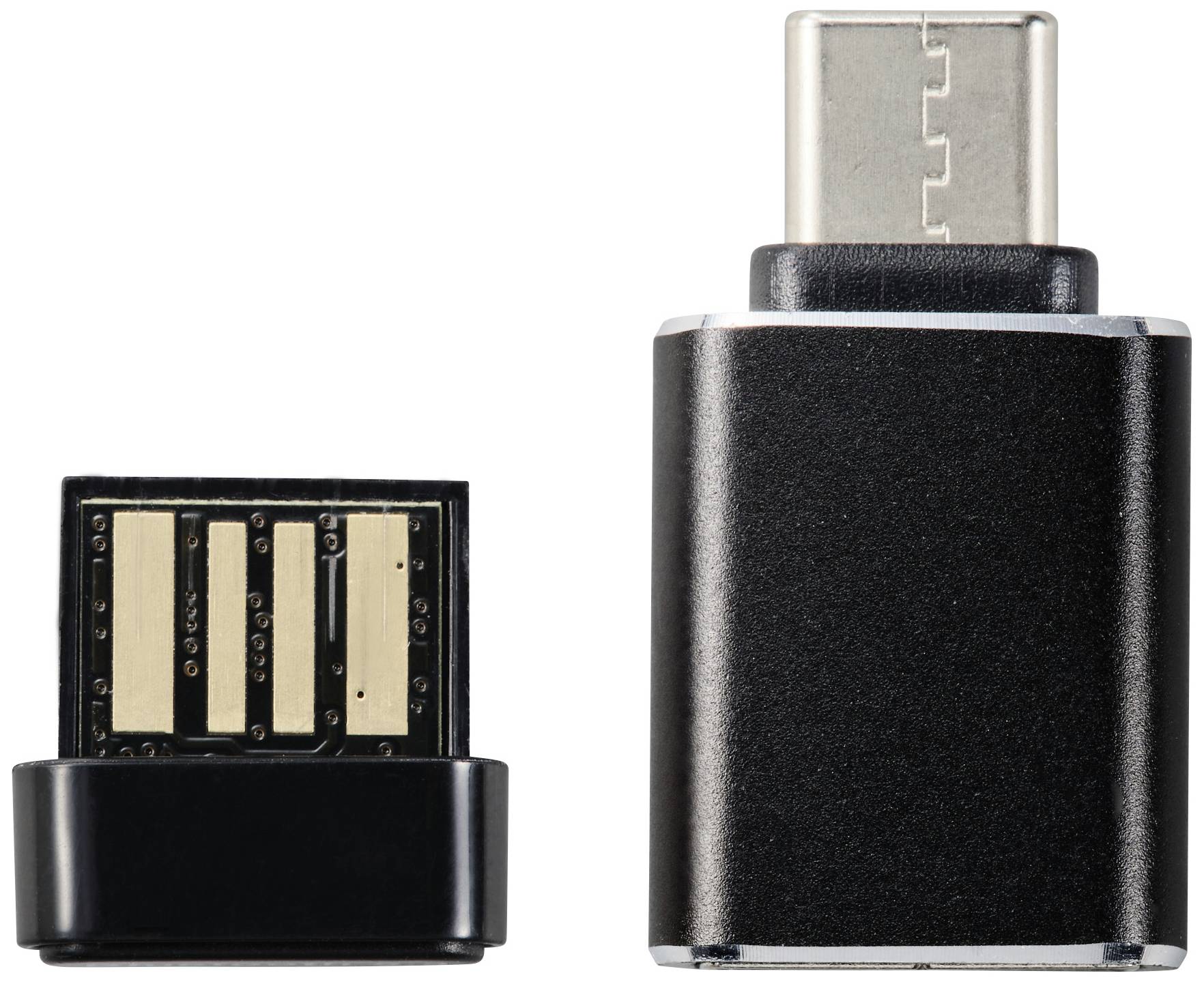 'USB-C to USB-A Adapter' in Black, showing front and back views. Converts USB-C port to USB-A, ideal for device connections.