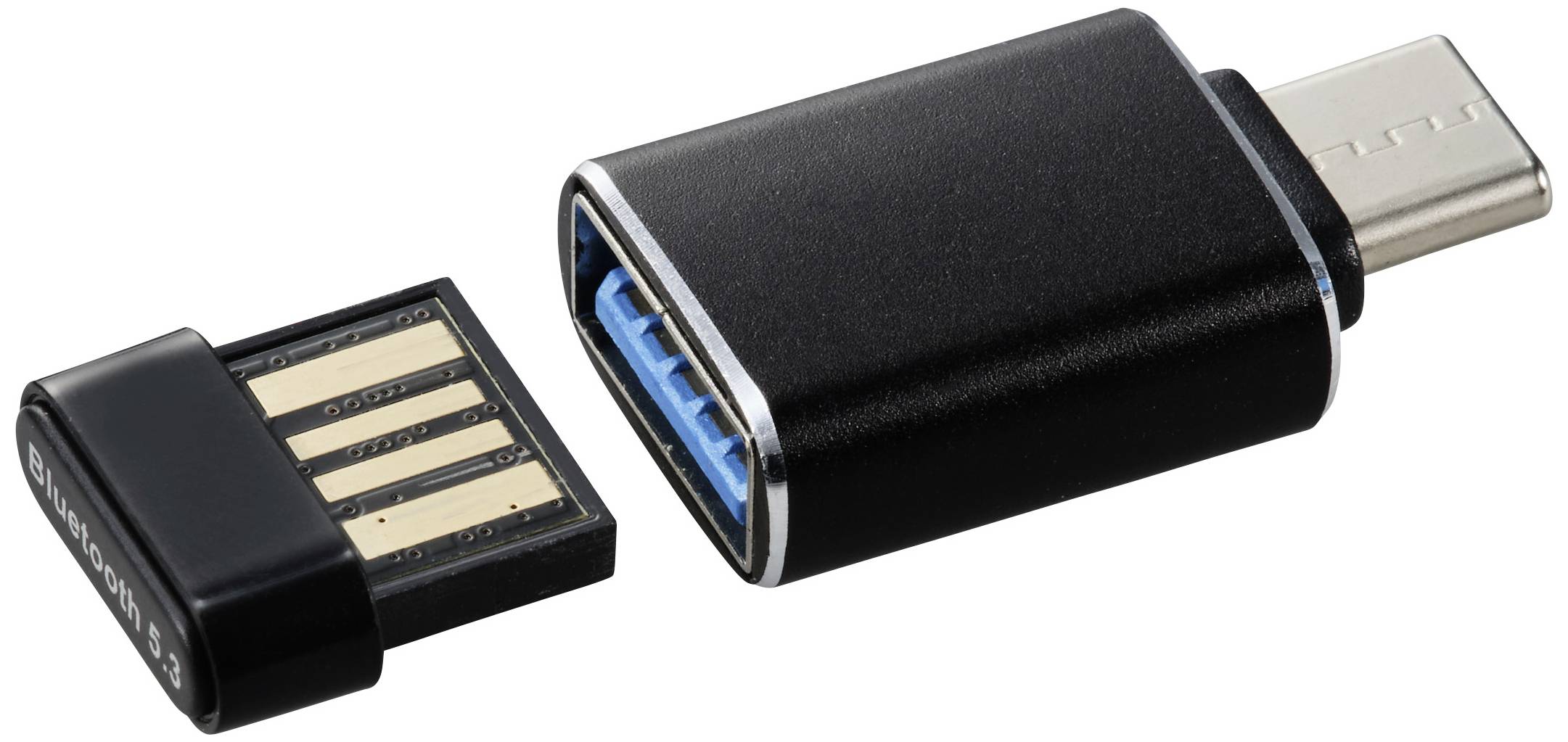 USB adapter with USB-C and USB-A ports side by side, black casing, portable design.