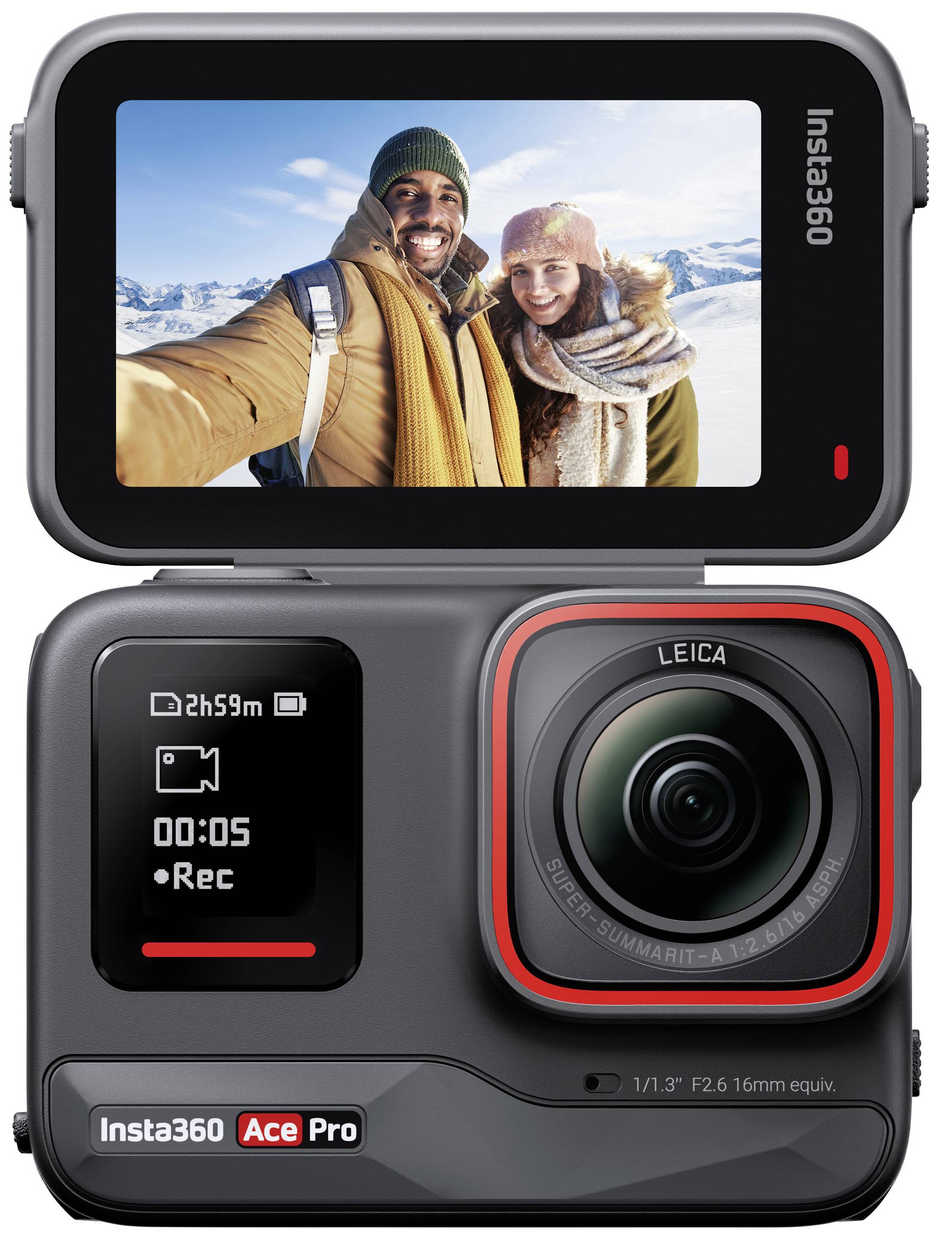 Insta360 Ace Pro action camera, showing a couple taking a selfie in winter clothing against a snow-covered landscape.