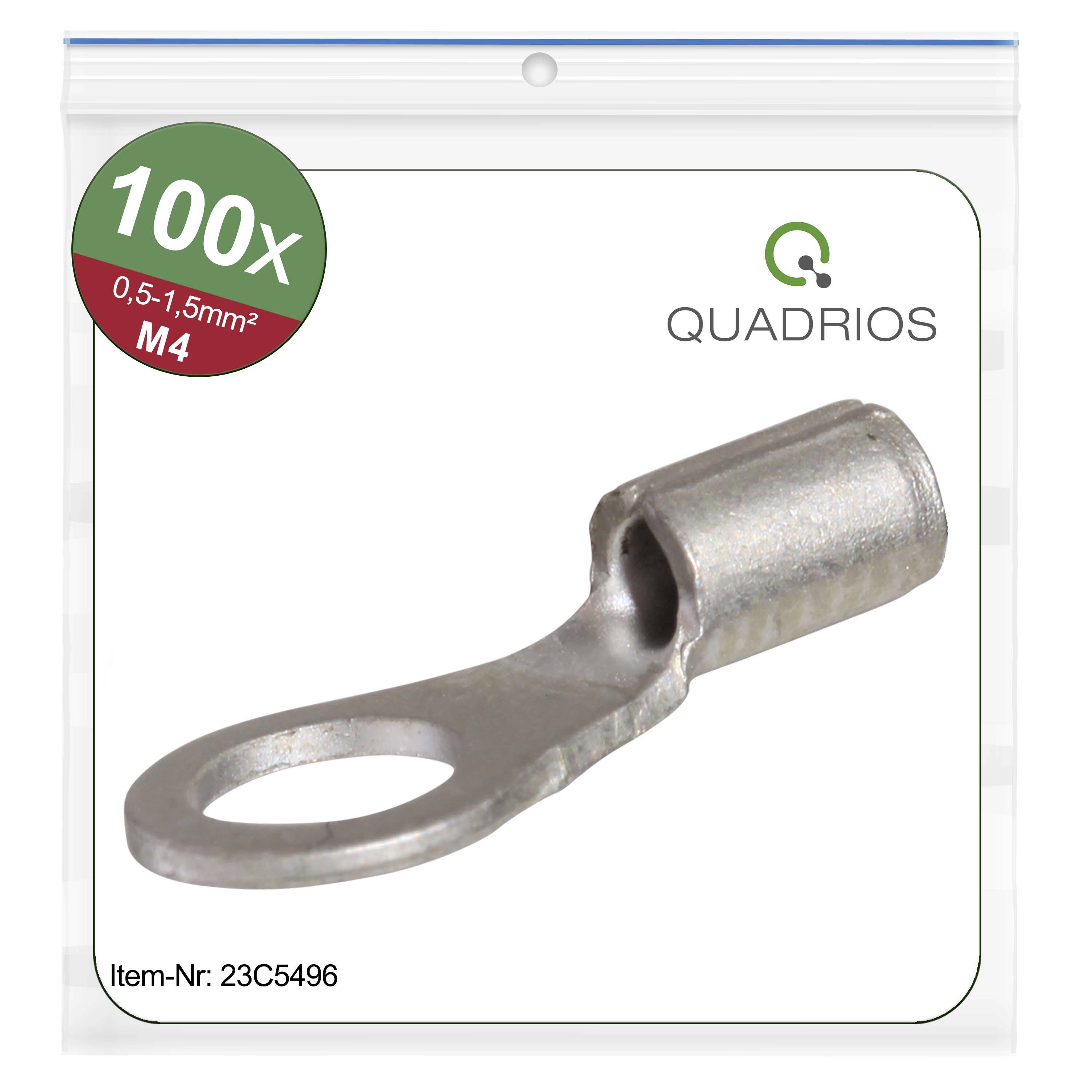 A silver cable lug M4 for 0.5-1.5 mm² cable in the foreground. Top left reads '100x'. Brand 'QUADRIOS' top right. Article number: 23C5496.