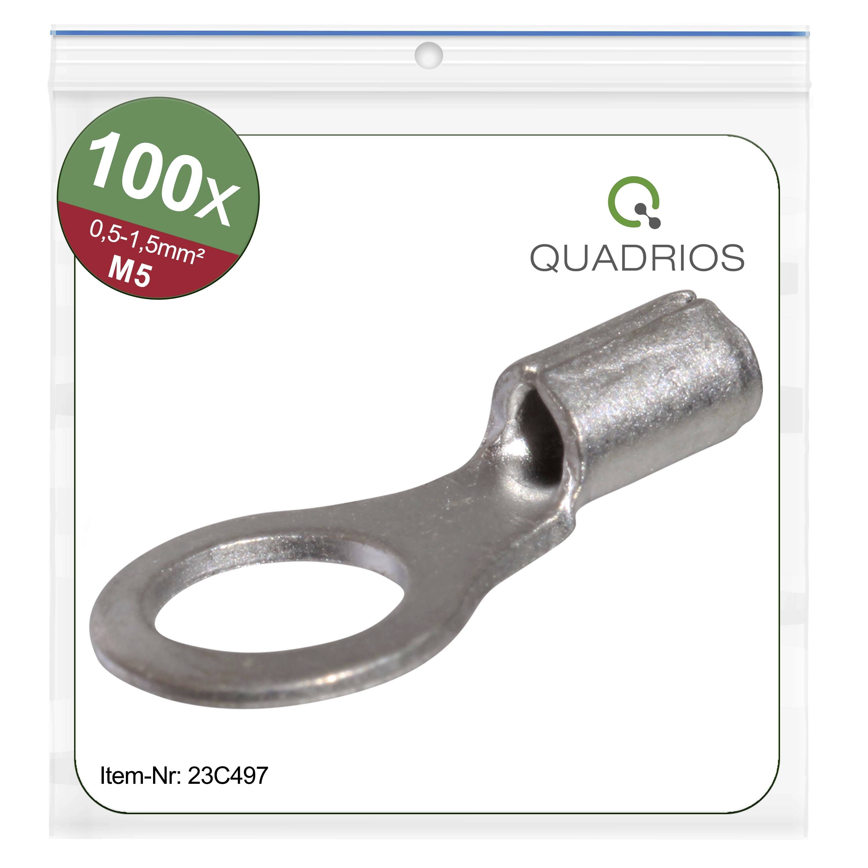 Product image of a cable lug pack by Quadrios, 100 pieces, for cable cross-section 0.5-1.5mm², size M5, item number 23C497.