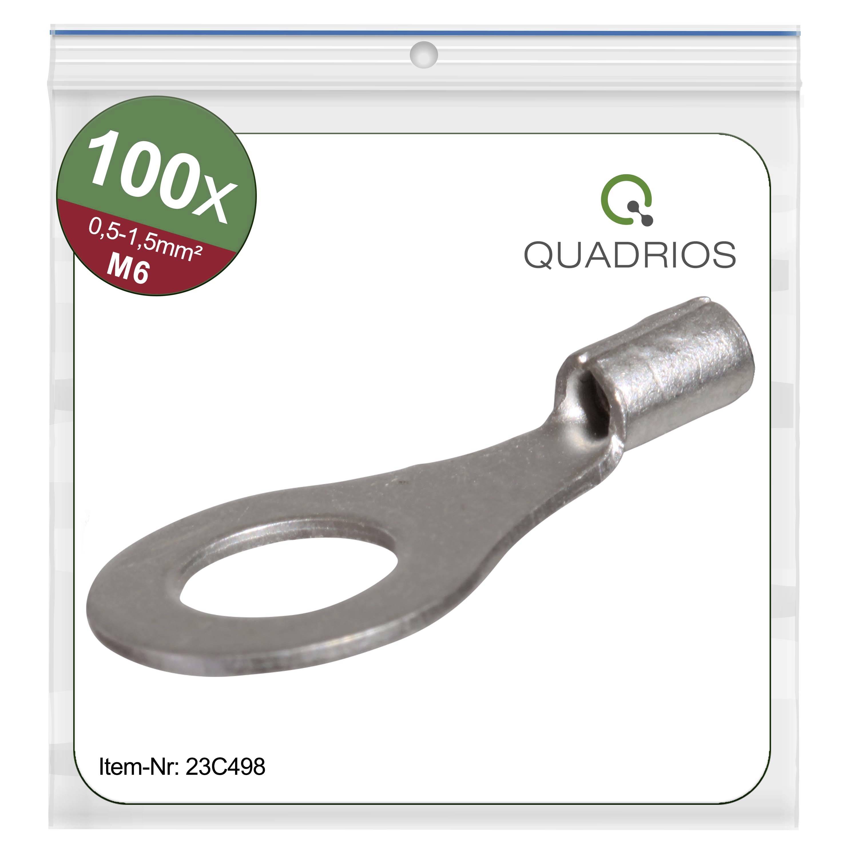 Pack of 100 cable lugs, size M6, 0.5-1.5mm². Brand: Quadrios. Article number 23C498. A single cable lug is shown.