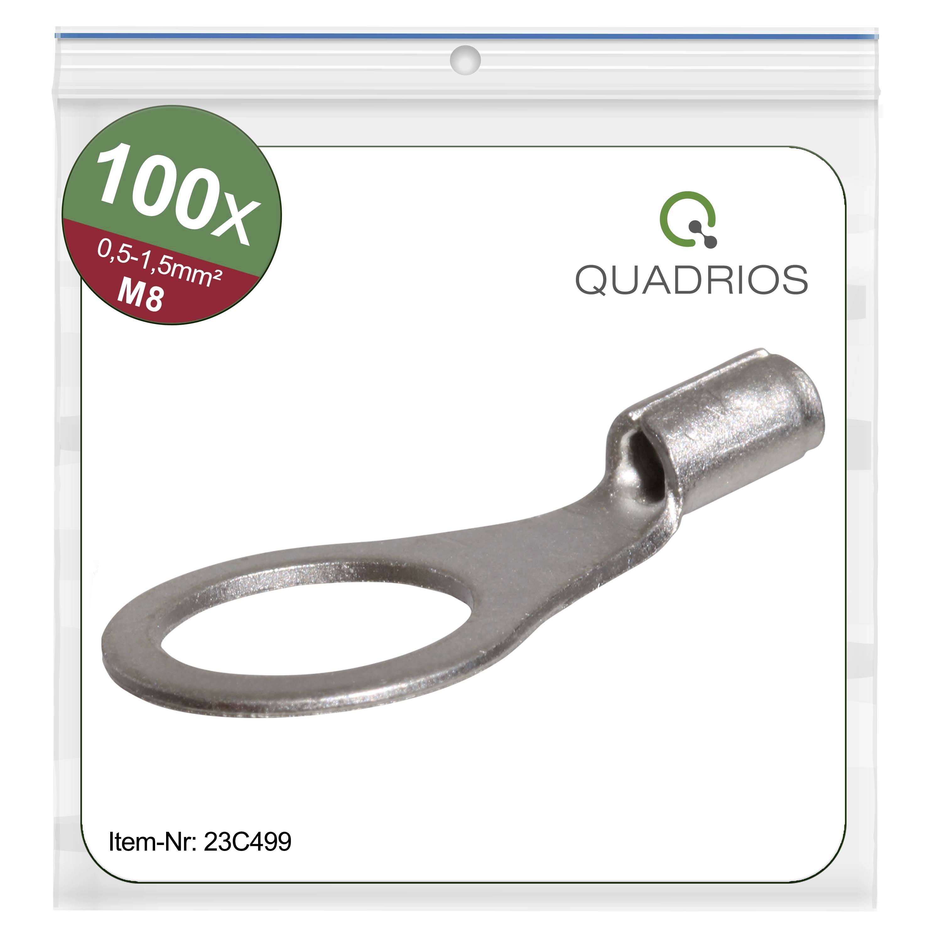 Metal ring cable lug for M8 screw holes, suitable for cable cross-sections of 0.5-1.5 mm². Packed in sets of 100.