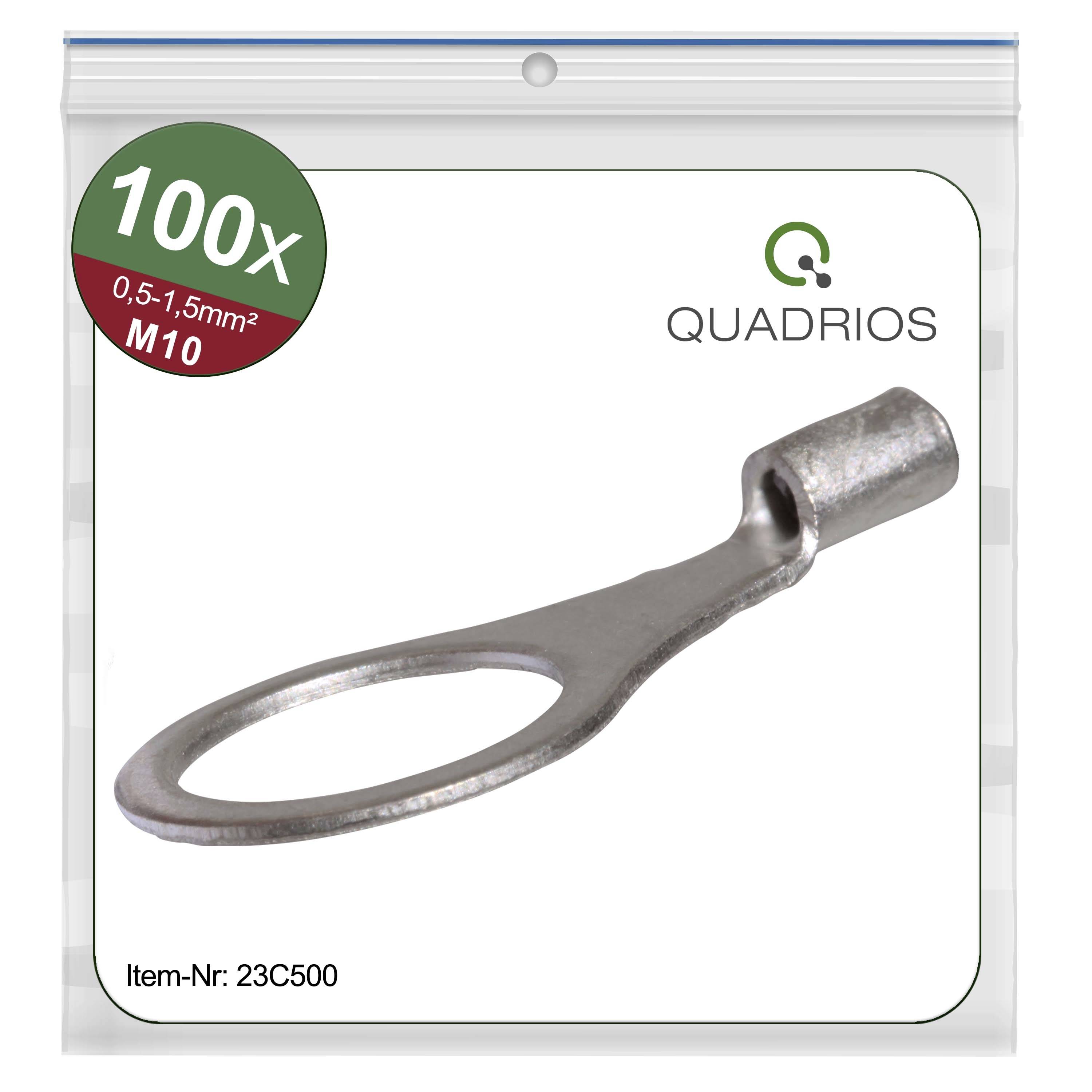 Figure shows a pack of 100 cable lugs, suitable for cable cross-section 0.5-1.5 mm², M10 size, brand: Quadrios. Article number: 23C500.
