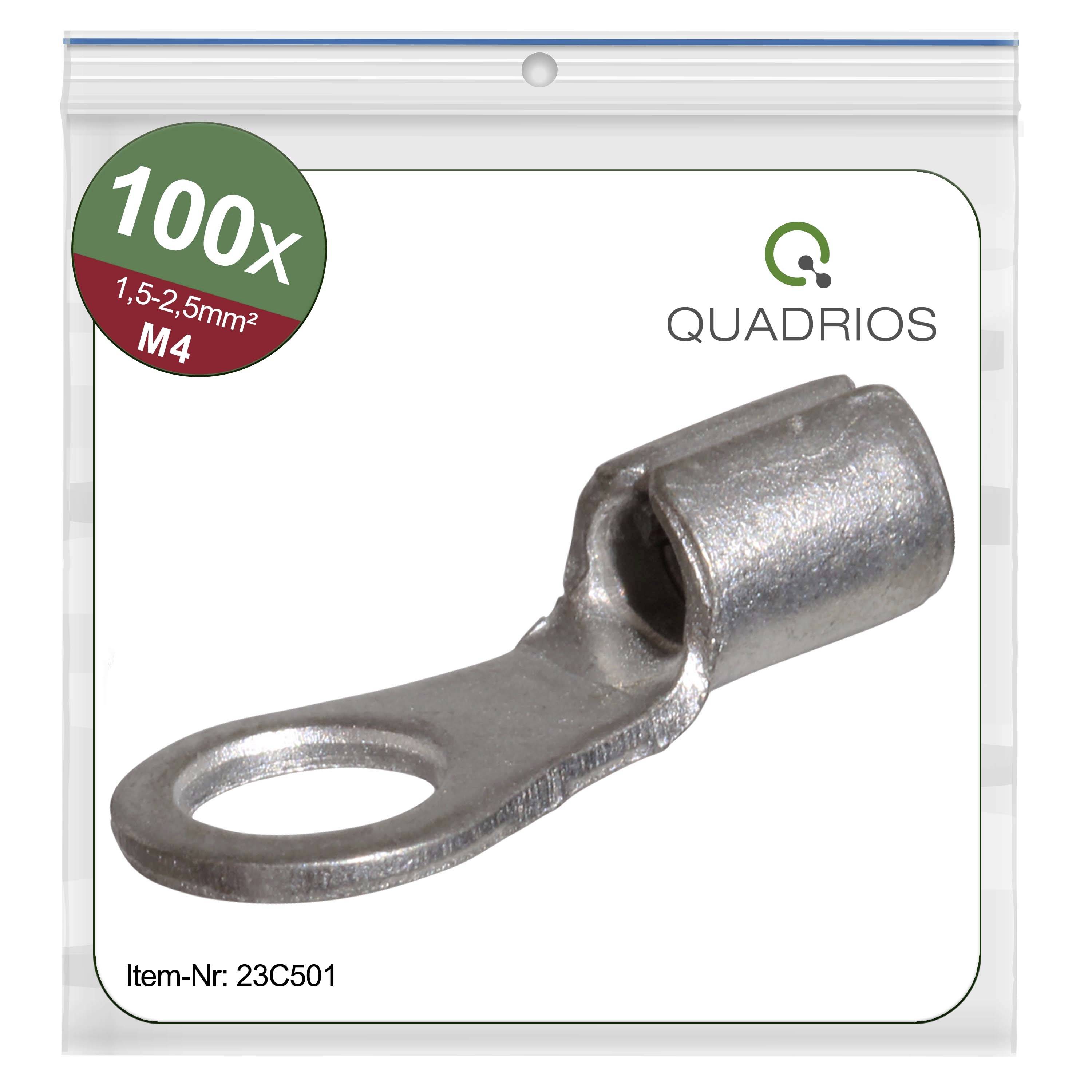 100x Kabelschuh M4, 1,5-2,5mm², Quadratis Logo, Artikelnummer: 23C501, silberne Metallschlaufe mit rundem Ösenende, Verpackungsvorderseite