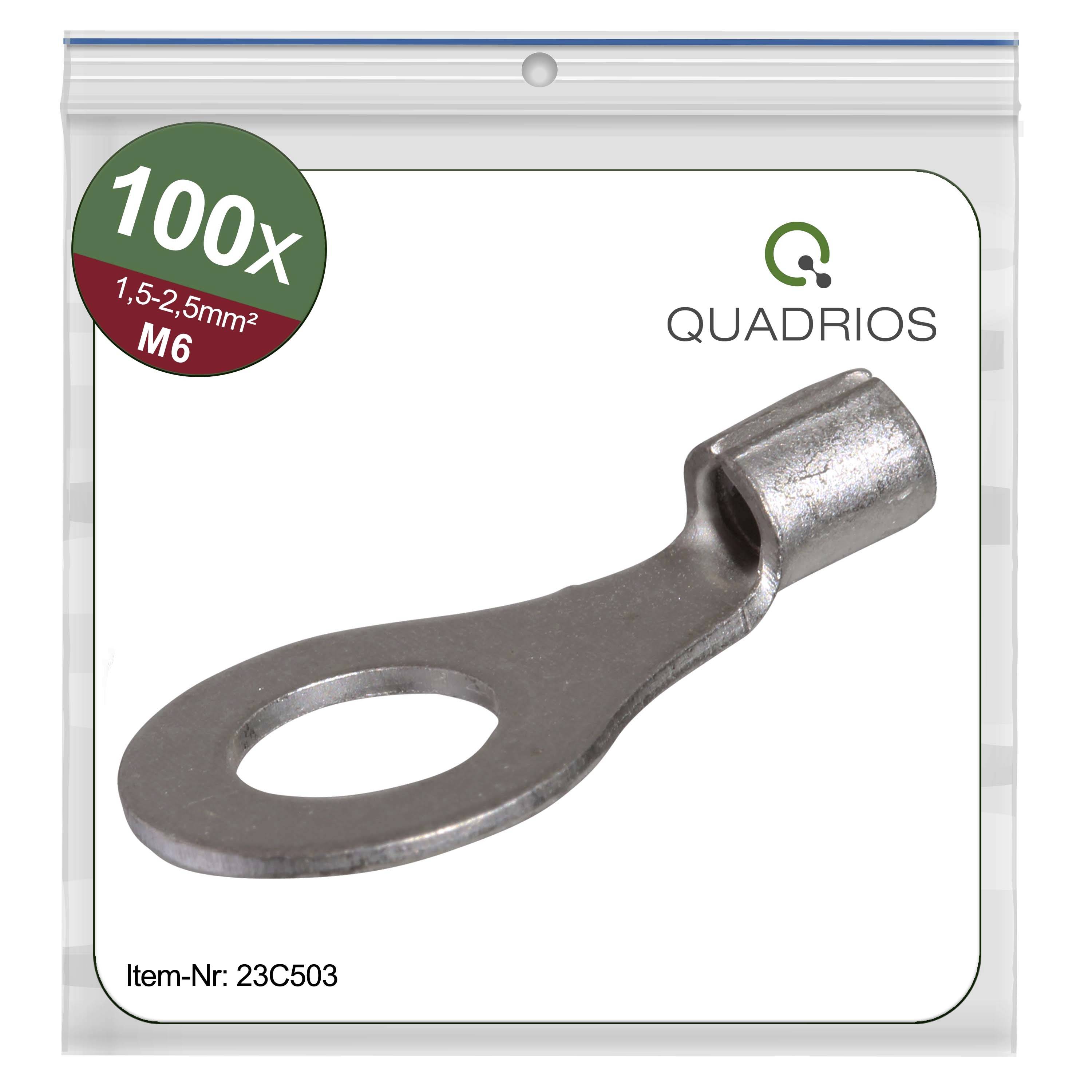 'QUADRIOS Cable Lug' on packaging with an image of a metal cable lug and text '100x M6 1.5-2.5 mm²', article number 23C503.