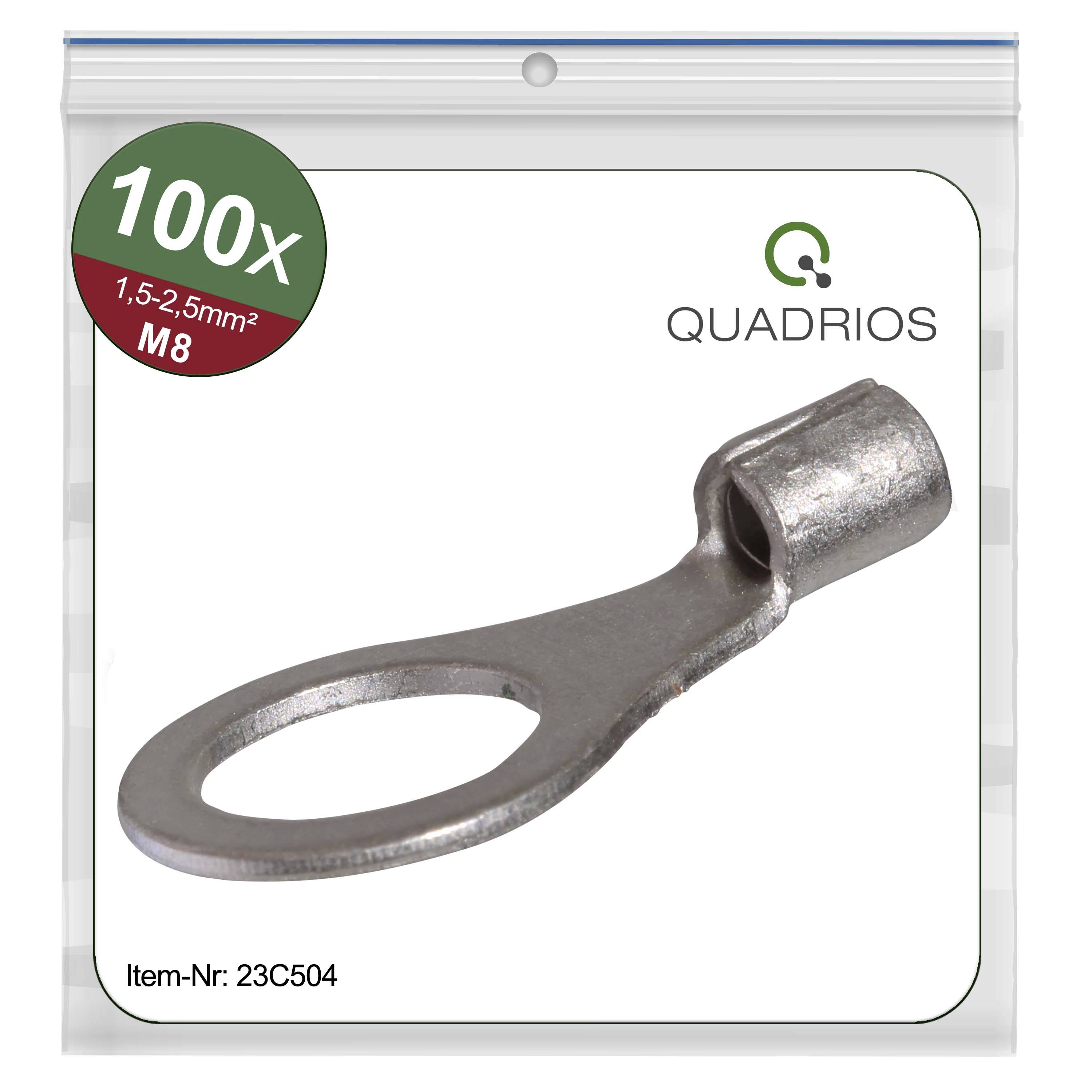 A pack of 100 cable lugs by Quadrio for 1.5-2.5mm² cables, M8 diameter, article number 23C504, pictured in a plastic packaging.