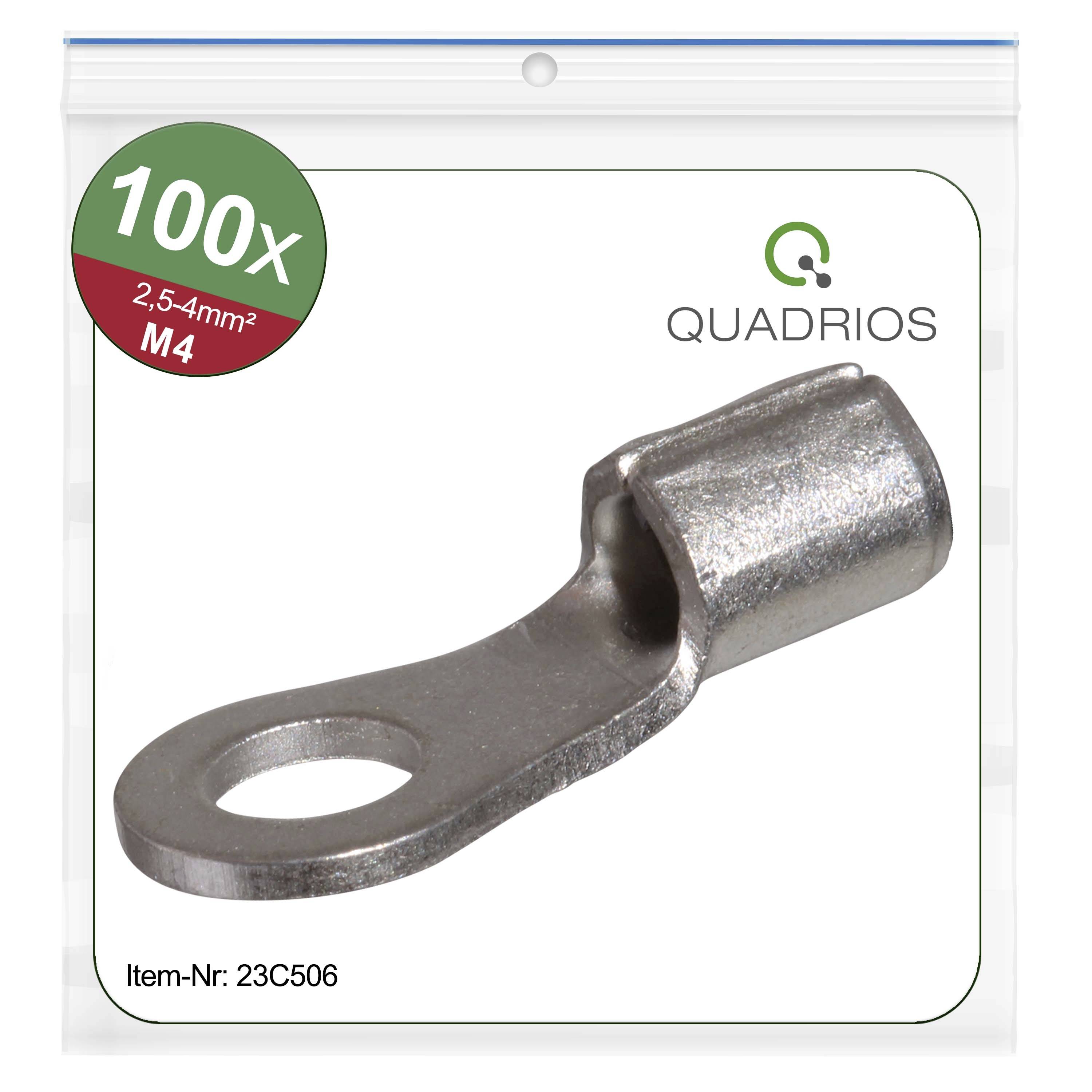 Pack of 100 cable lugs, Size: 2.5-4 mm², M4. Item number: 23C506. Brand: Quadrios.