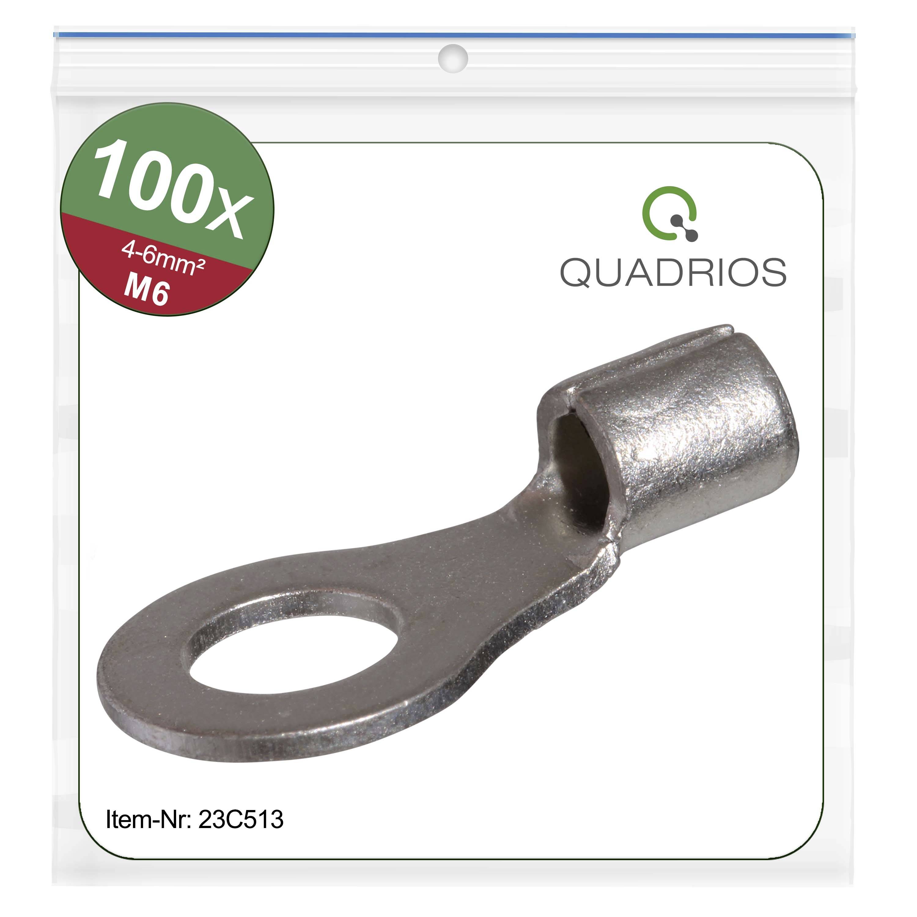 A silver cable fixing connector, mounted with an M6 screw. Packaging indicates '100x', suitable for 4-6mm² cables.