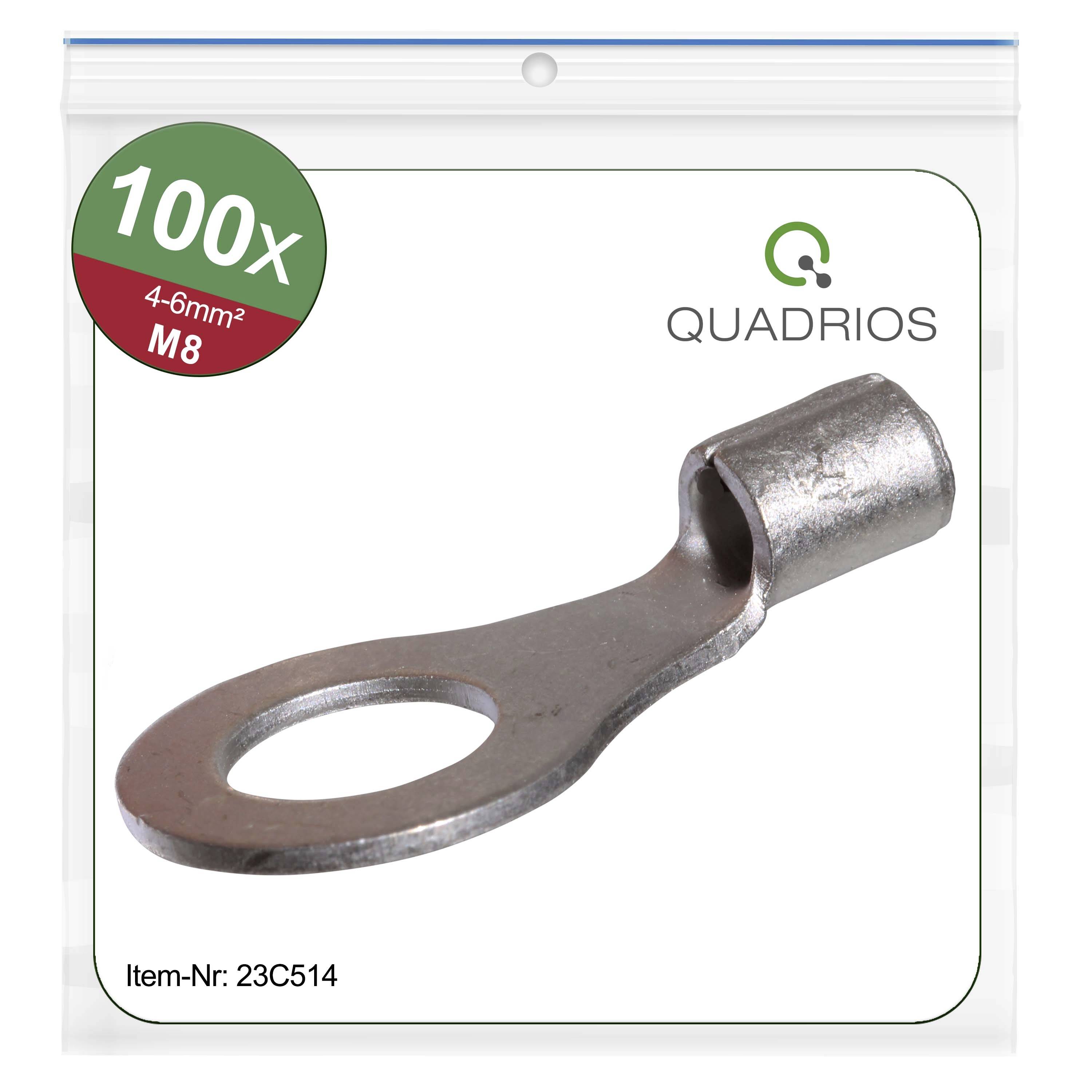 The image shows a bag containing 100 ring-type cable lugs, suitable for cables 4-6 mm², M8, by the brand Quadrios. Article No. 23C514.