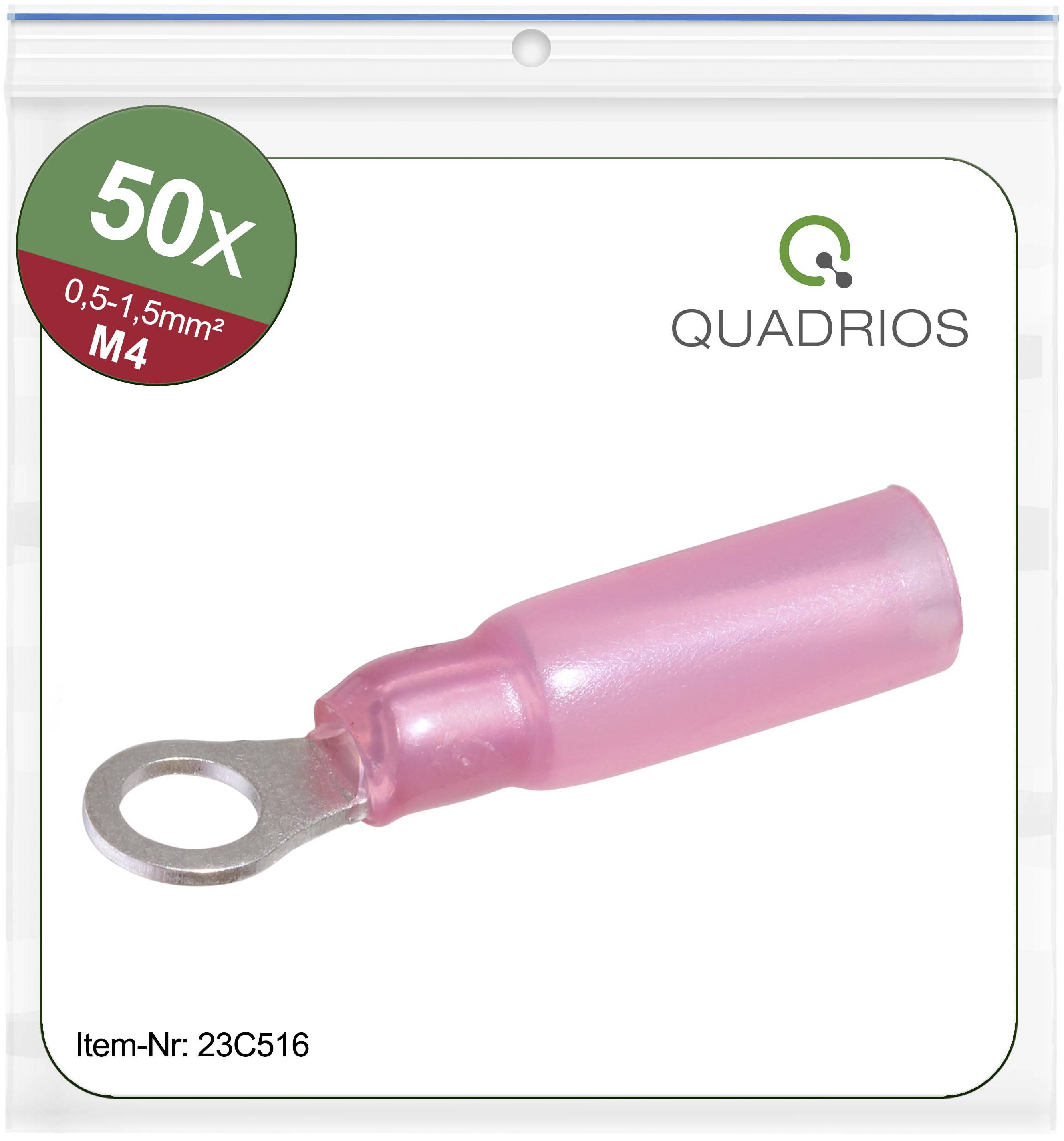 Plastic packaging containing 50 pink cable lugs, suitable for cable cross-section 0.5-1.5mm², size M4. Brand 'Quadrios', Article No. 23C516.