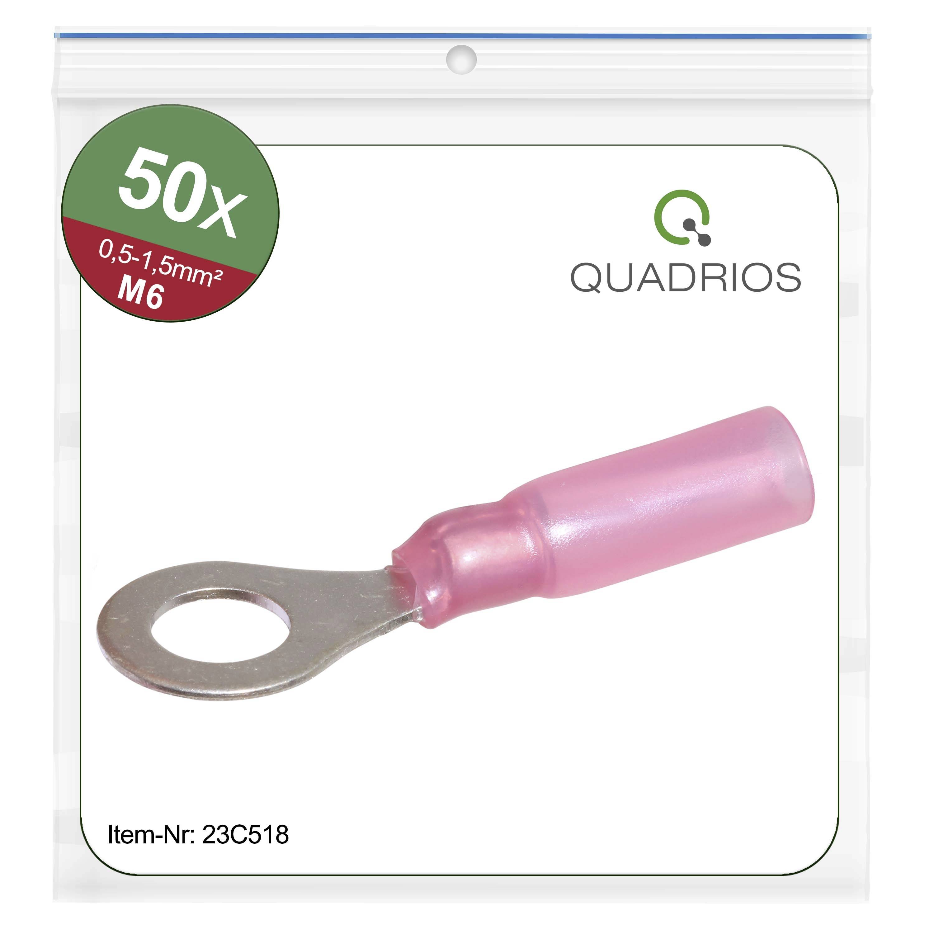Cable Shoe Set of 50 pink insulated ring cable lugs, suitable for 0.5-1.5mm² wire, with M6 opening. Item number: 23C518.