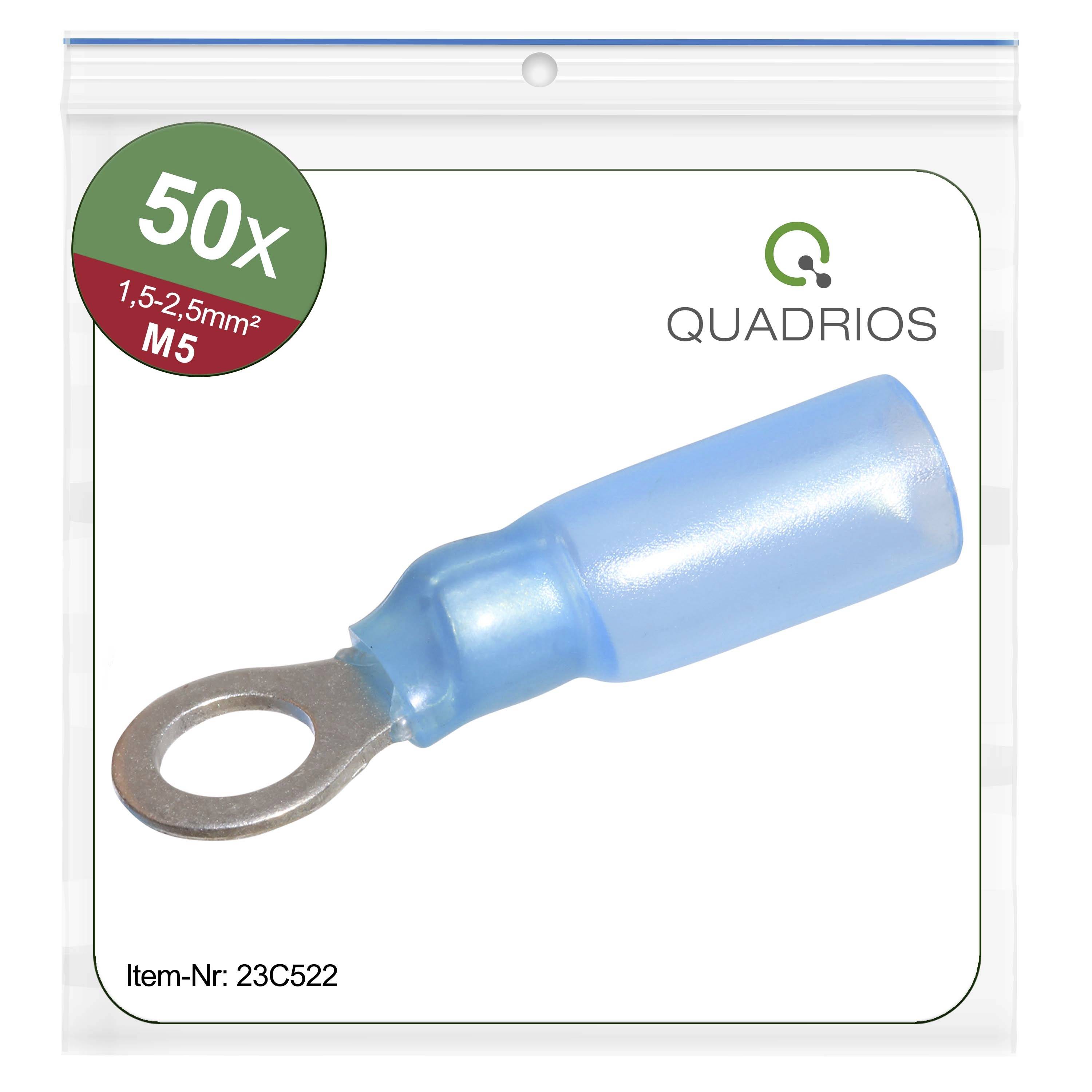 Blue cable lug M5 in a bag labelled '50x 1.5-2.5mm²'. Brand Quadrios, Article number 23C522.