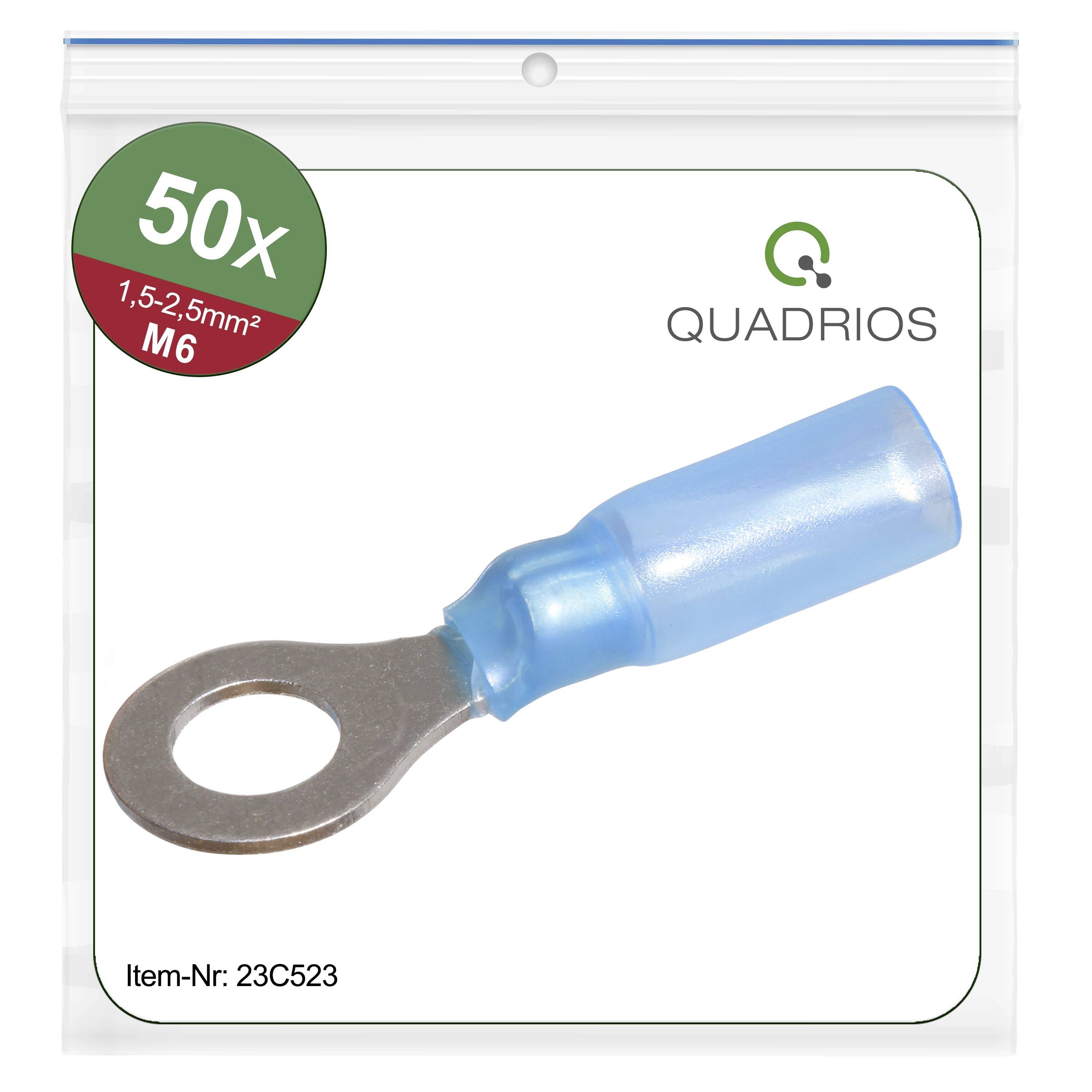 'Ring cable lug, pack of 50, 1.5-2.5mm², M6.' Cable connector with ring opening, suitable for electrical connections. Packed in a bag.