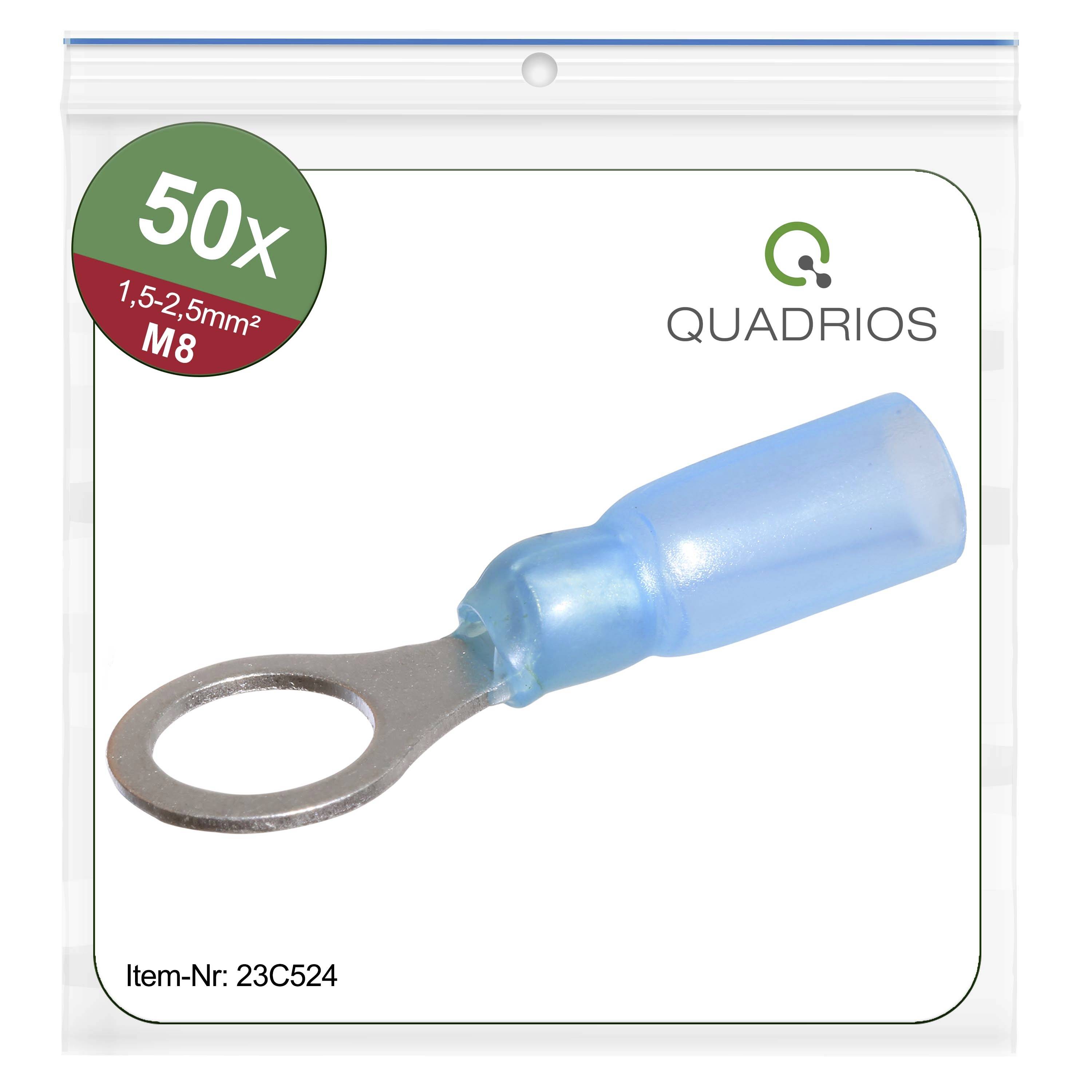 A set of 50 blue ring cable shoes with M8 sizing for 1.5-2.5 mm² cables, depicted in a plastic packaging by Quadrios.