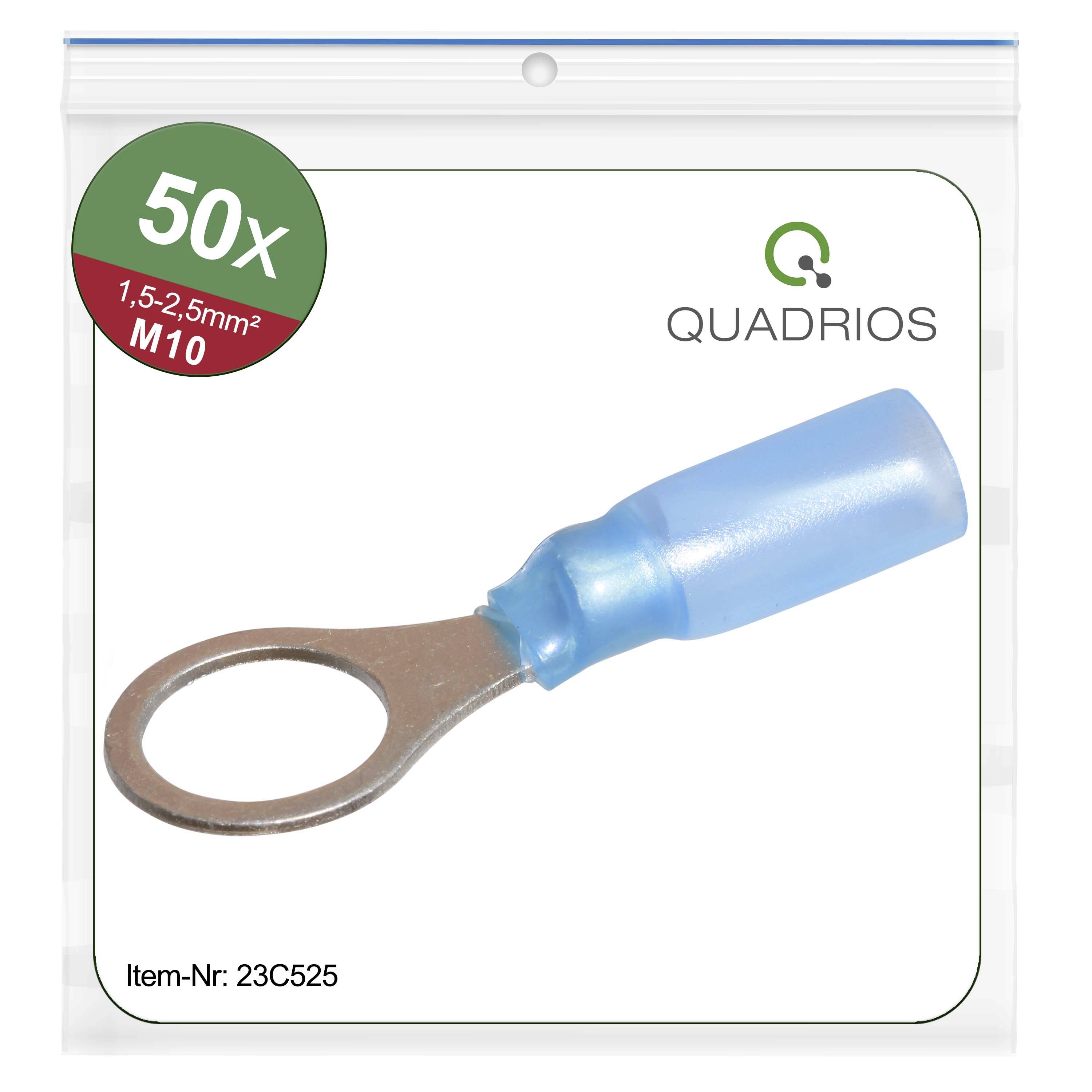 50x QUADRIOS Cable Lugs, Size M10, for 1.5-2.5mm² Cable. Pictured is a blue cable lug with ring.