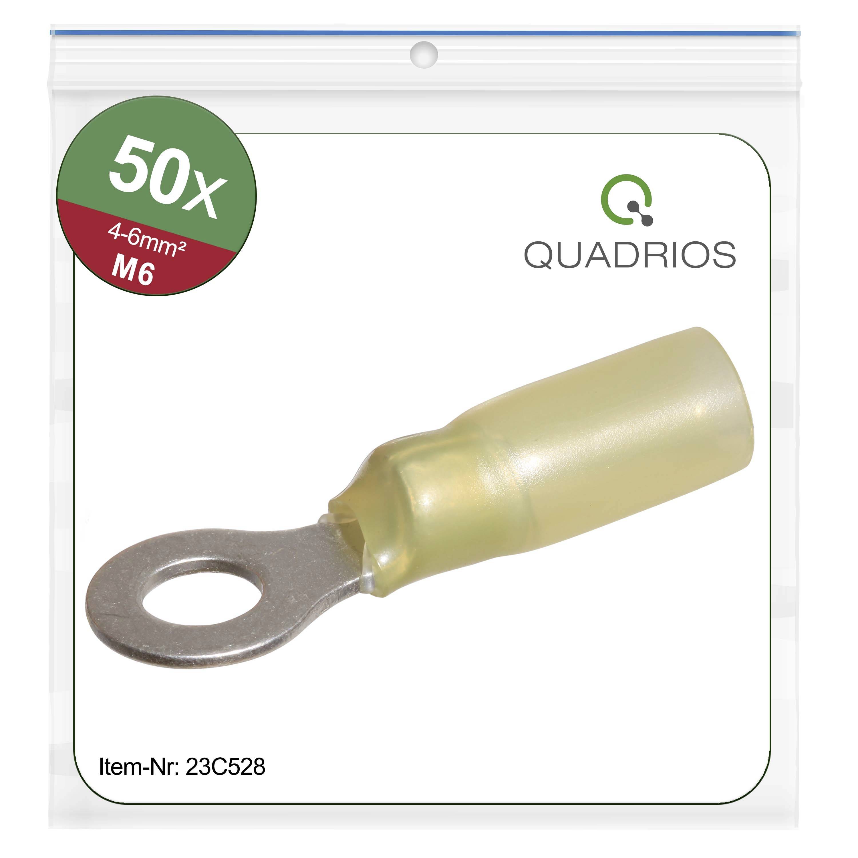 Ring terminal set, 50 pieces, Size M6, 4-6mm² cable cross-section, Article number 23C528, Brand Quardios. Pictured in transparent packaging.