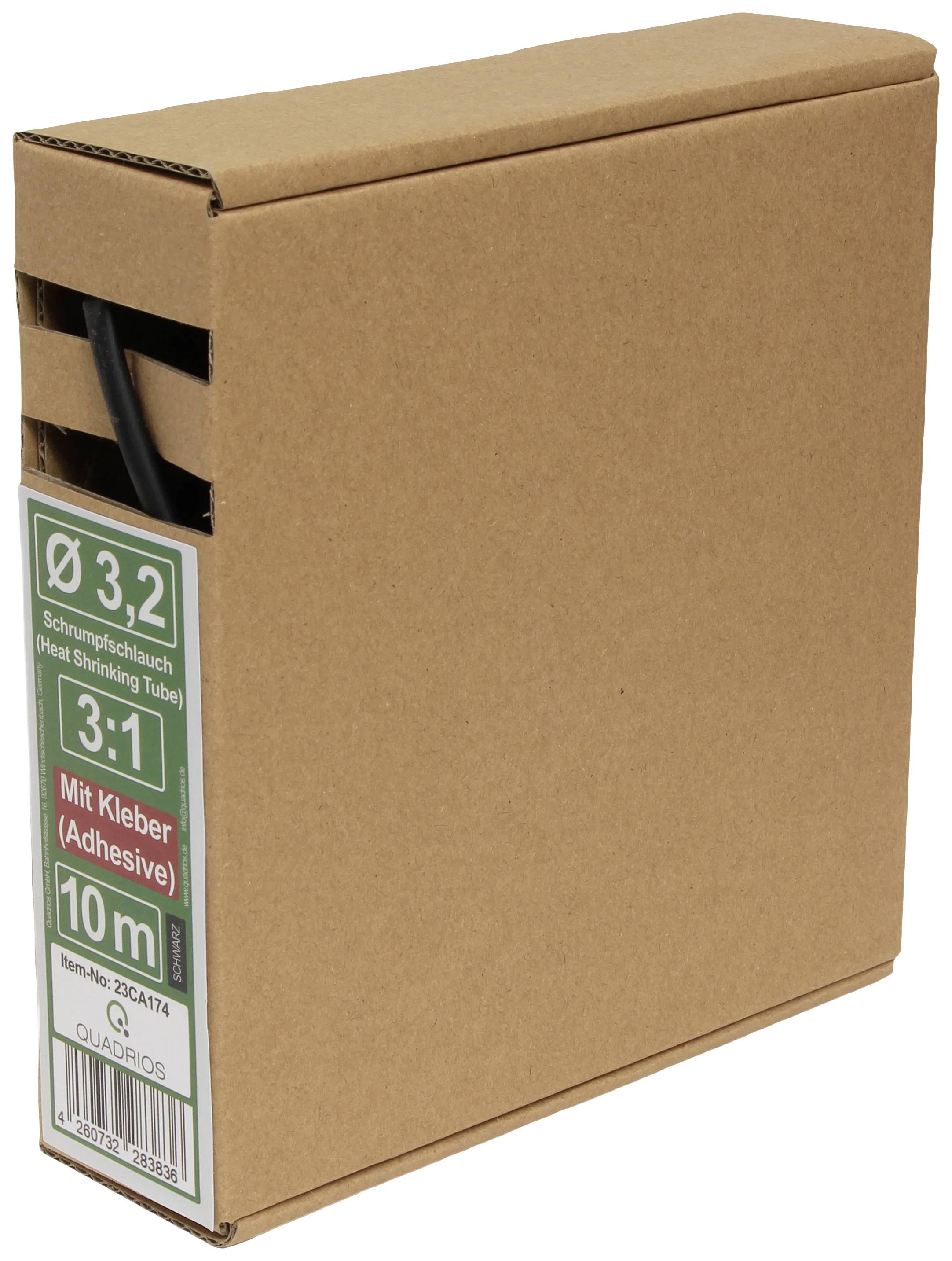 A rectangular cardboard box with label: 'Ø 3.2 Heat Shrink Tube, 3:1, With Adhesive, 10 m'. Contains heat shrink tubing with adhesive.