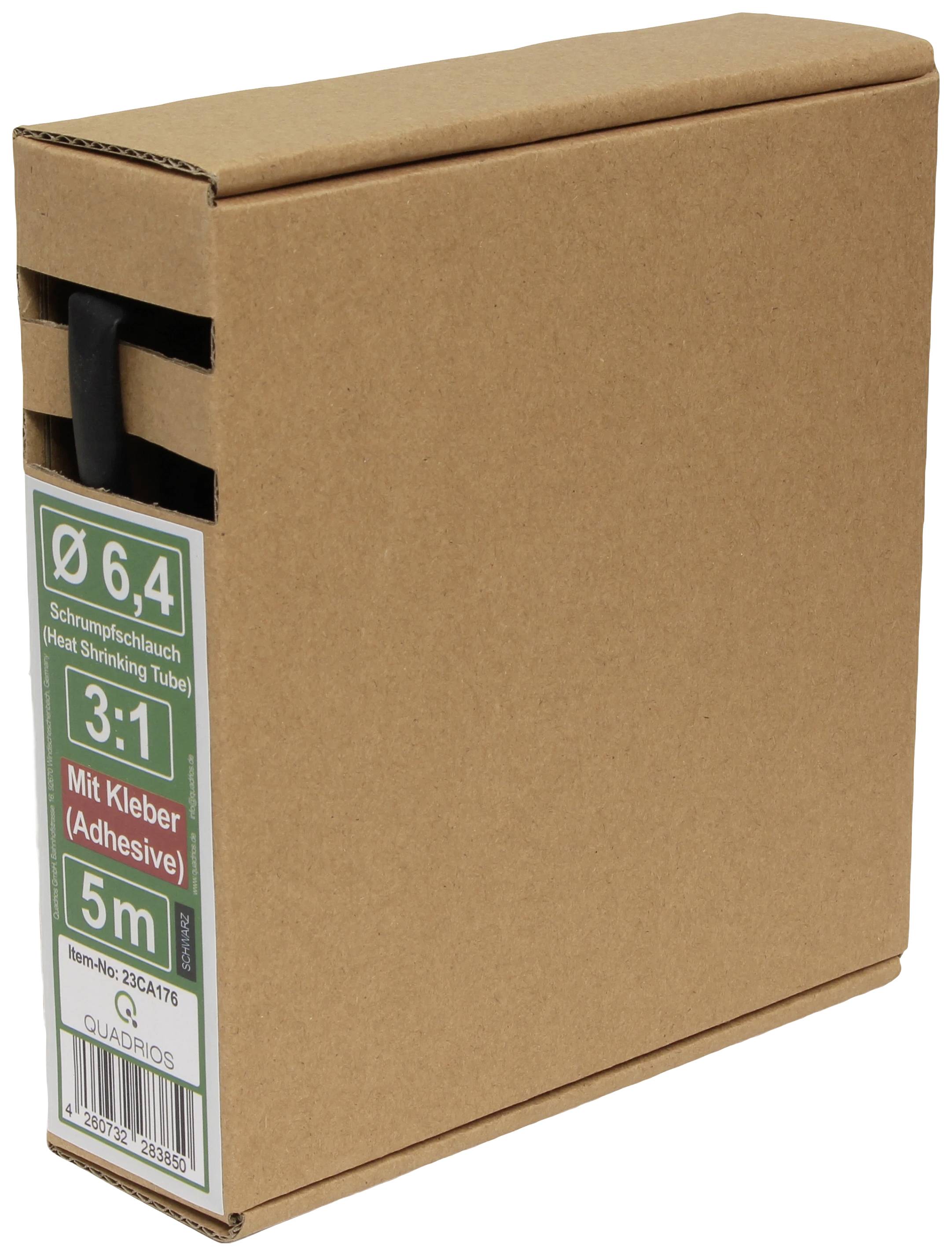 A cardboard box containing heat shrink tubing, Ø 6.4 mm, 3:1 shrink ratio, adhesive-lined, 5 m length, by Quadrios.