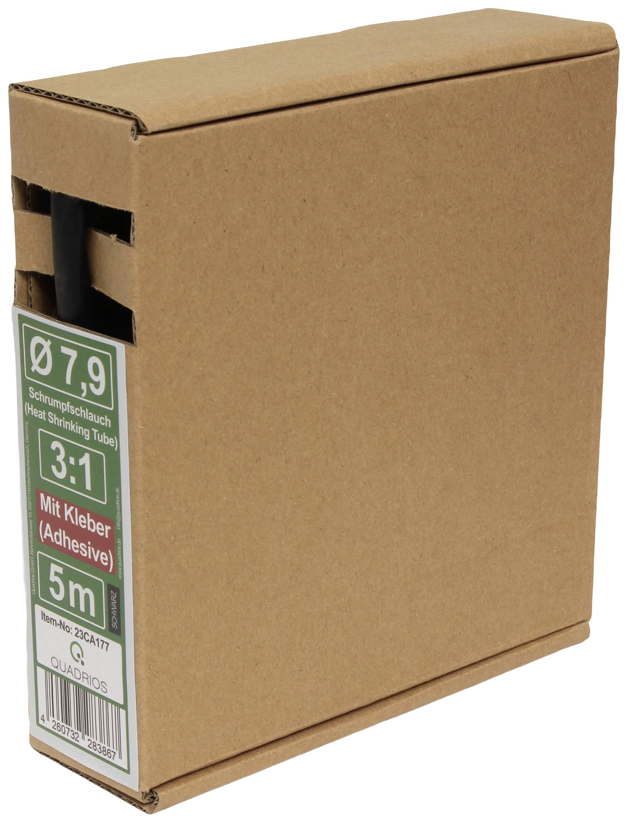 Cardboard packaging for heat-shrink tubing, size Ø7.9, length 5m, with print 'With Adhesive' and product number.