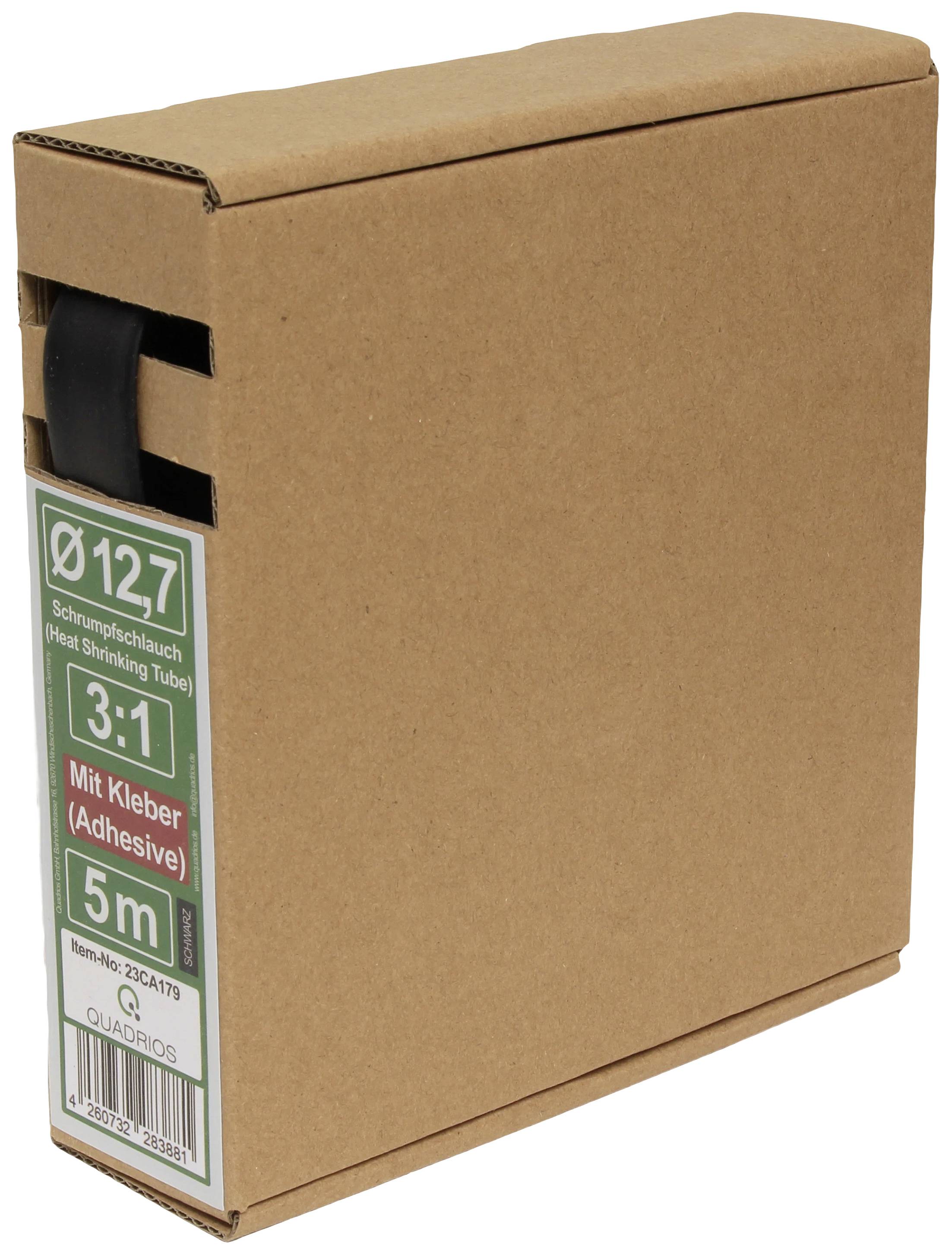 Cardboard packaging with heat-shrink tubing (Ø 12.7 mm), 3:1 ratio, length 5 m, including adhesive. Product label with details.