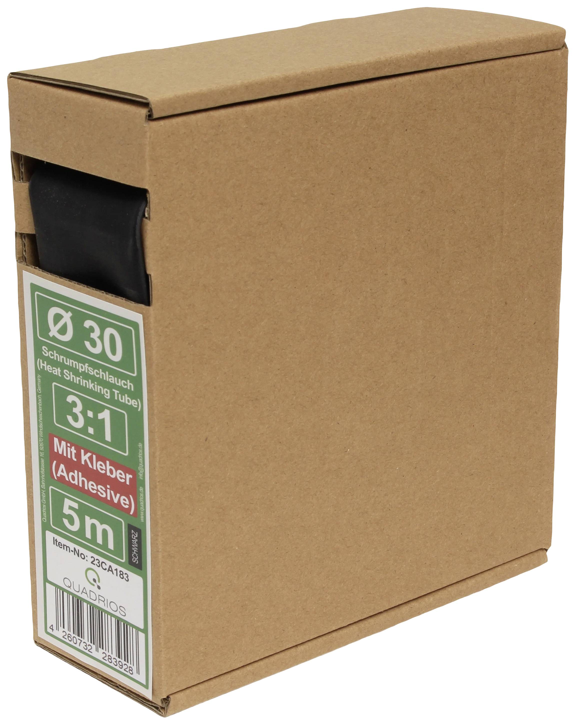 Cardboard box with heat shrink tubing, 30 mm diameter, 3:1 shrink ratio, 5 m length, contains adhesive.