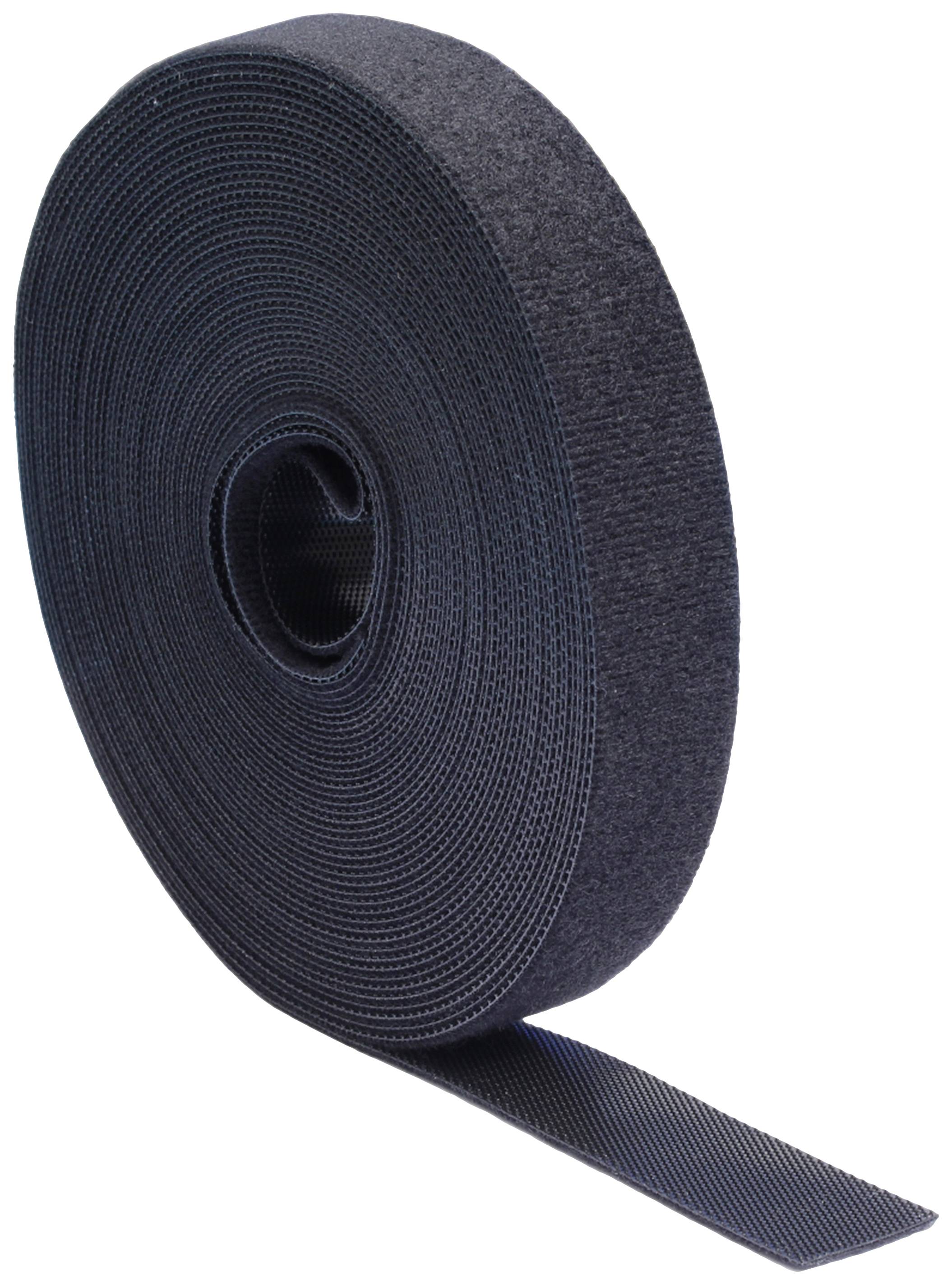 Black hook and loop tape, rolled up, with a free end. Ideal for bundling or securing items.