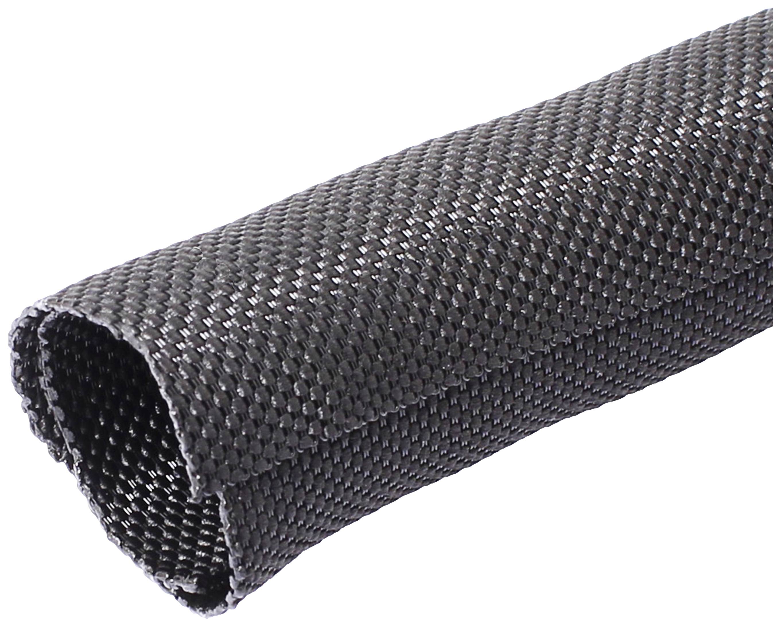 Dark grey braided plastic conduit, flexible and slightly curved, suitable for cable management and protection.