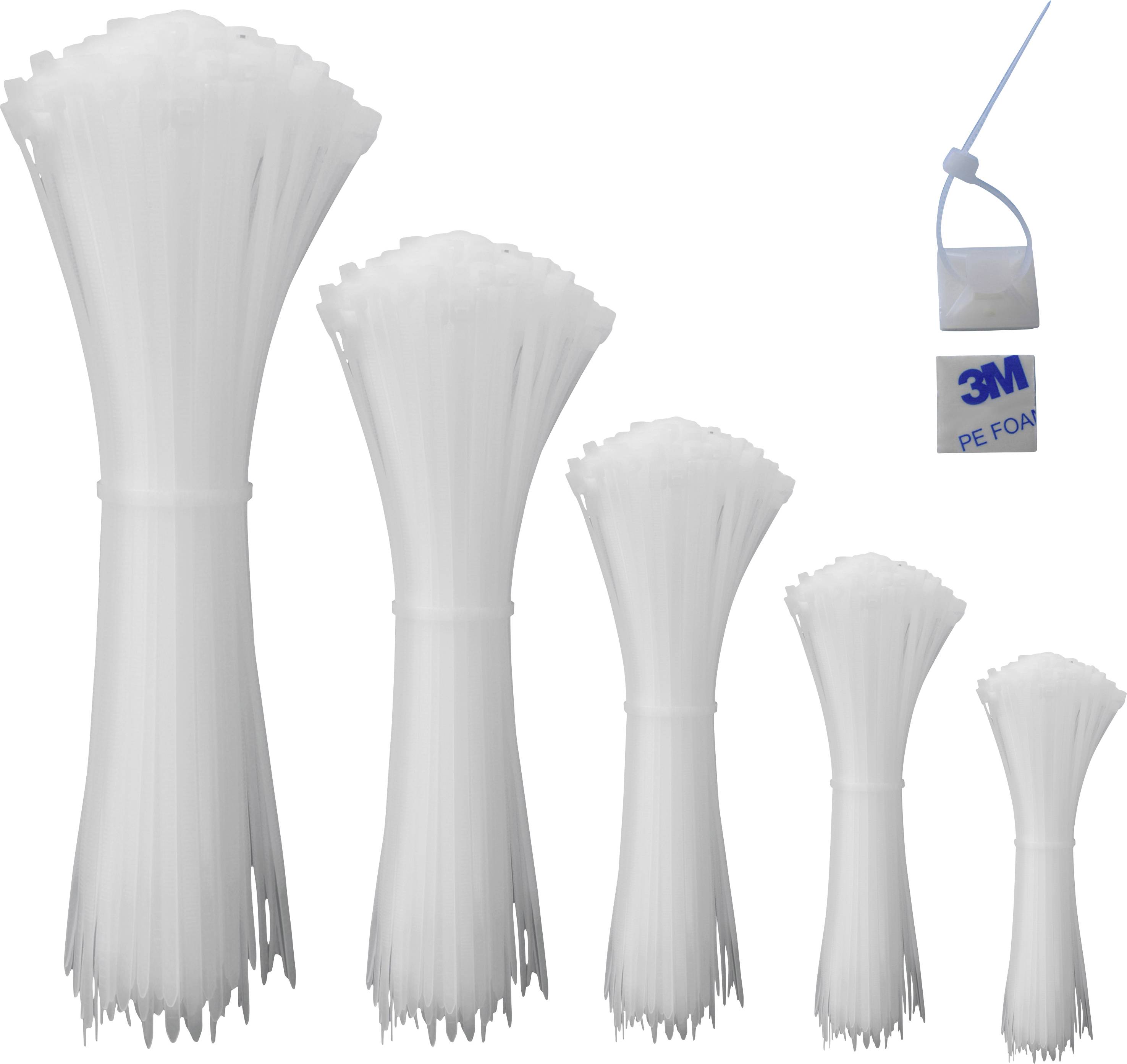 Five bundles of white cable ties in various sizes next to a small square hook and loop fastener with a '3M PE FOAM' print.