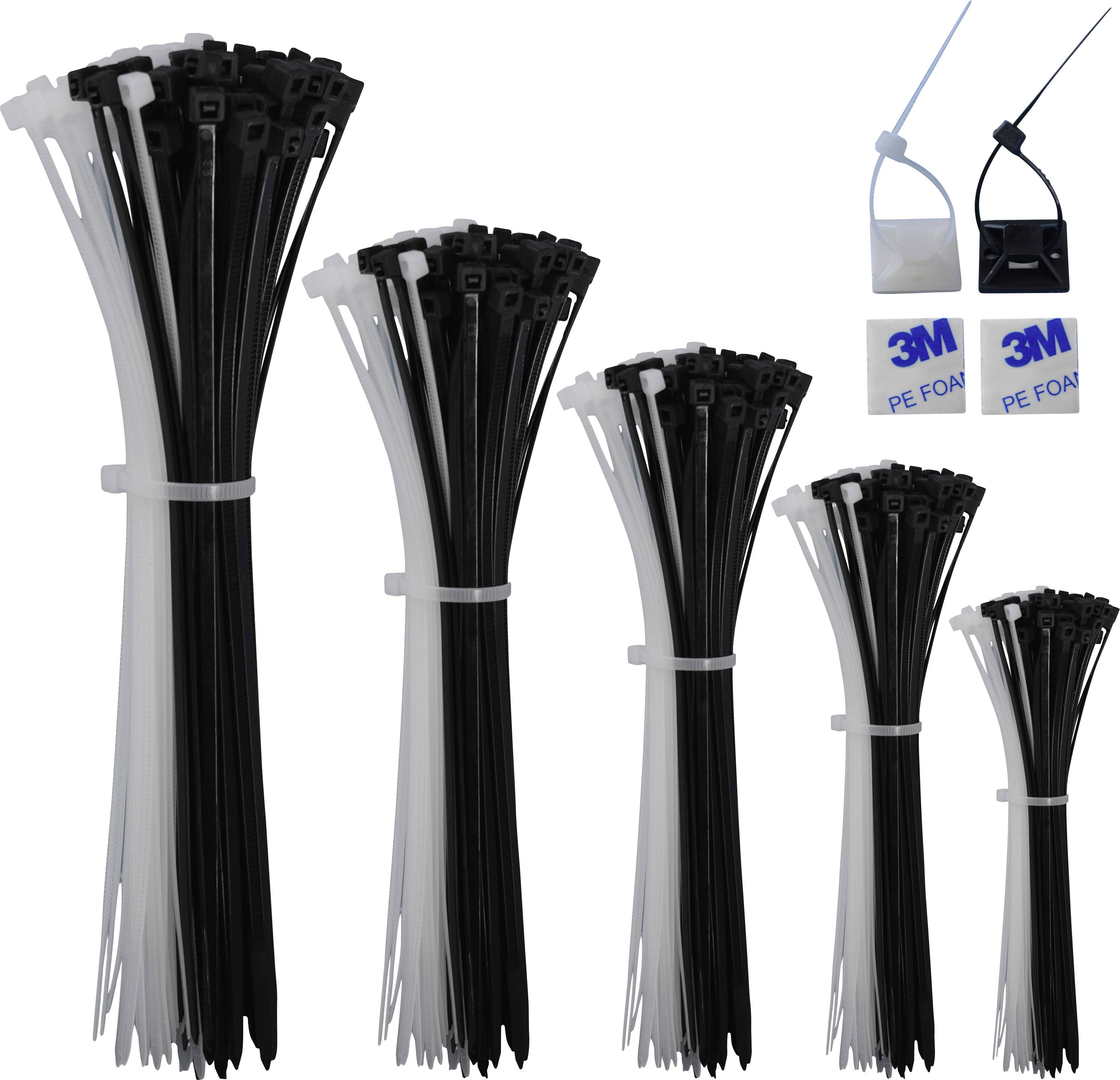 Cable ties in black and white in various sizes. Also shows two 3M PE foam adhesive pads, one with a black cable tie holder and one with a white cable tie holder.